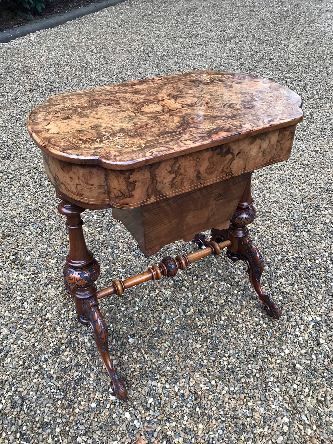 British 19th Century Burr Walnut and Marquetry Work Table