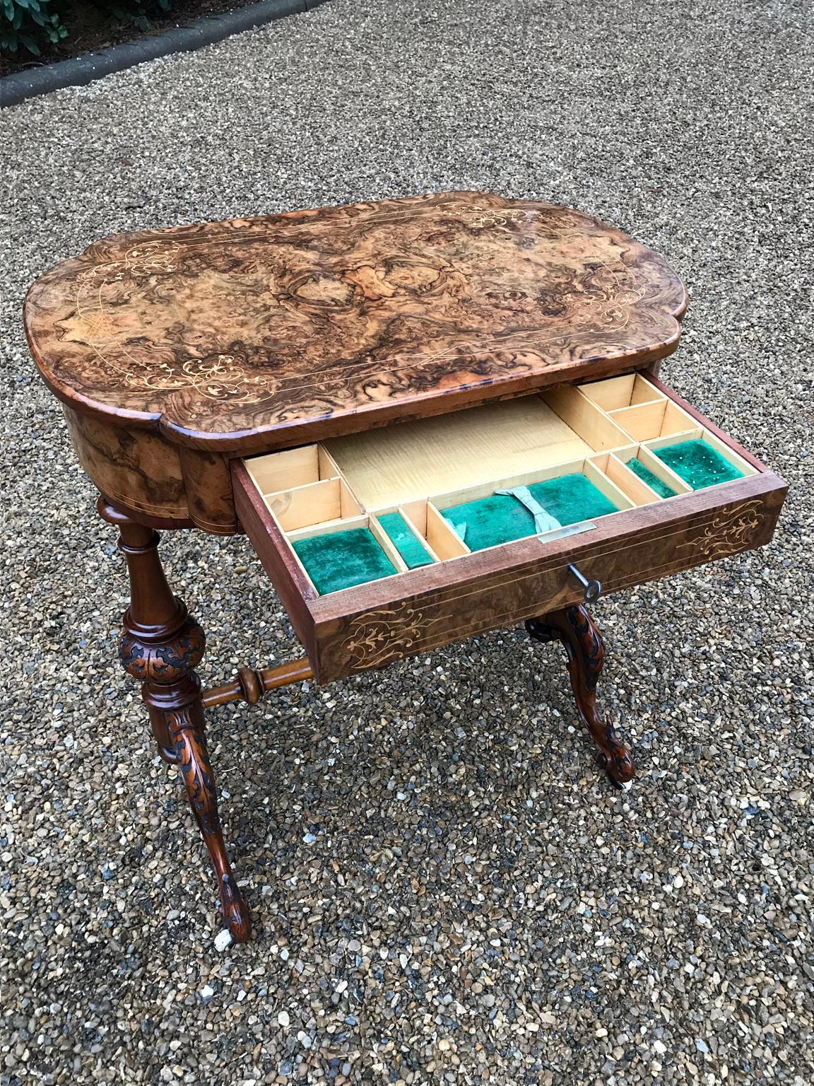 Hand-Crafted 19th Century Burr Walnut and Marquetry Work Table