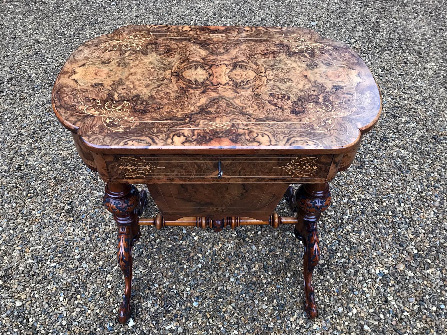 19th Century Burr Walnut and Marquetry Work Table 1