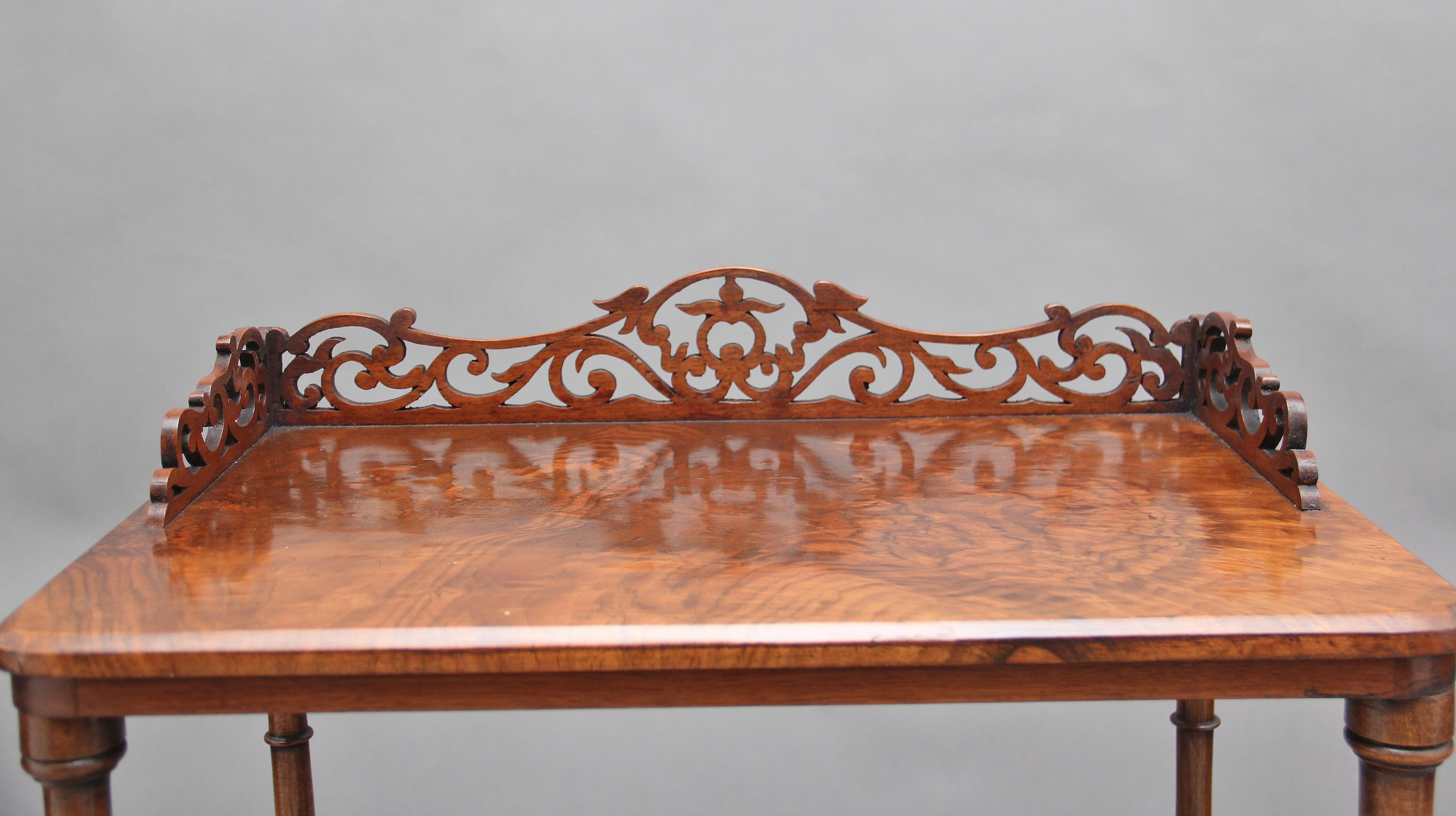 19th Century burr walnut Canterbury with a carved and pierced gallery 3
