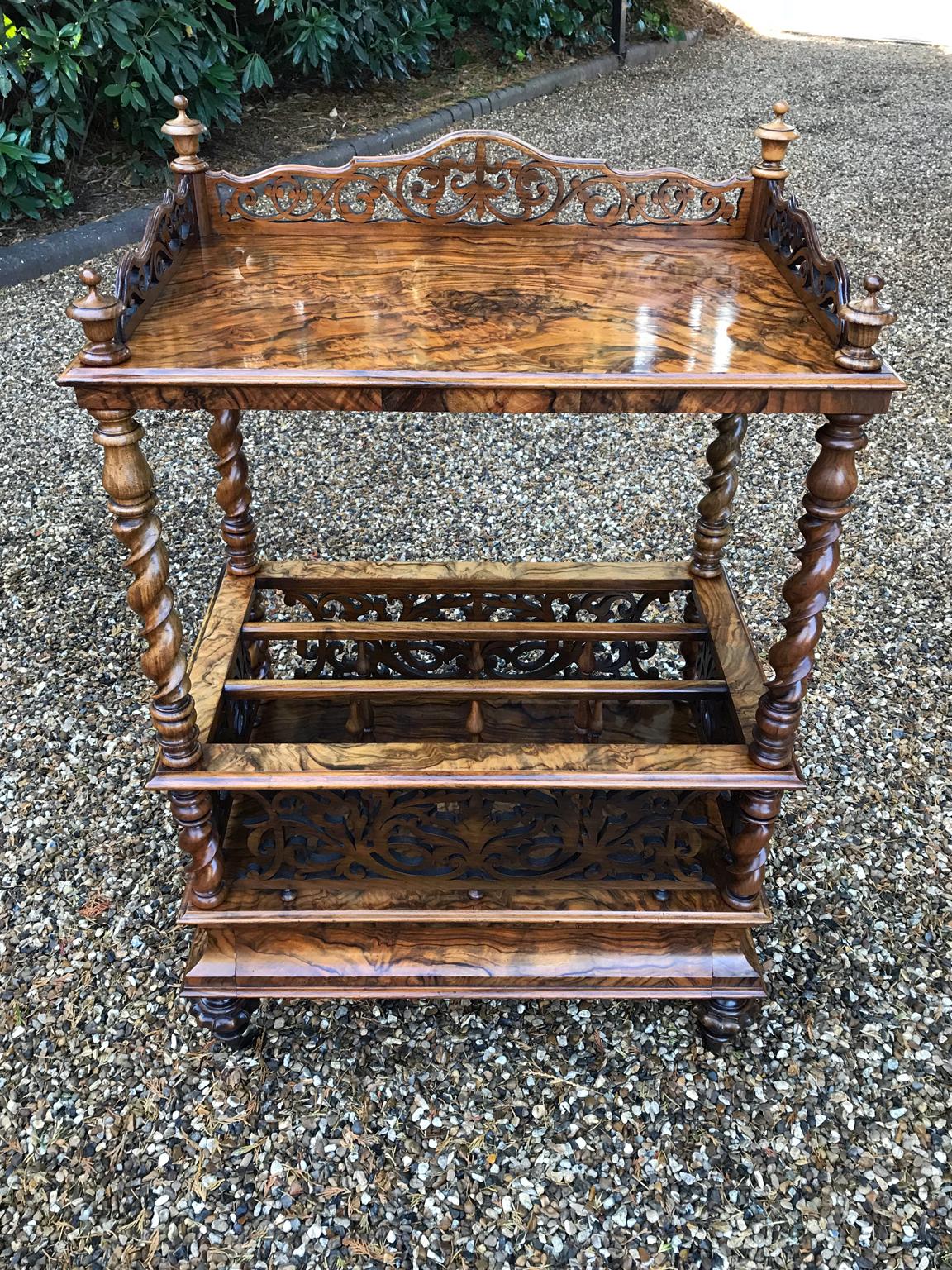 19th century Victorian burr walnut Canterbury with raised galleried back on spiral turned supports, the base has a single drawer on carved bun feet with castors.
circa 1860
Dimensions:
Width 26 inches – 66 cms
Depth 17 inches – 43 cms
Height