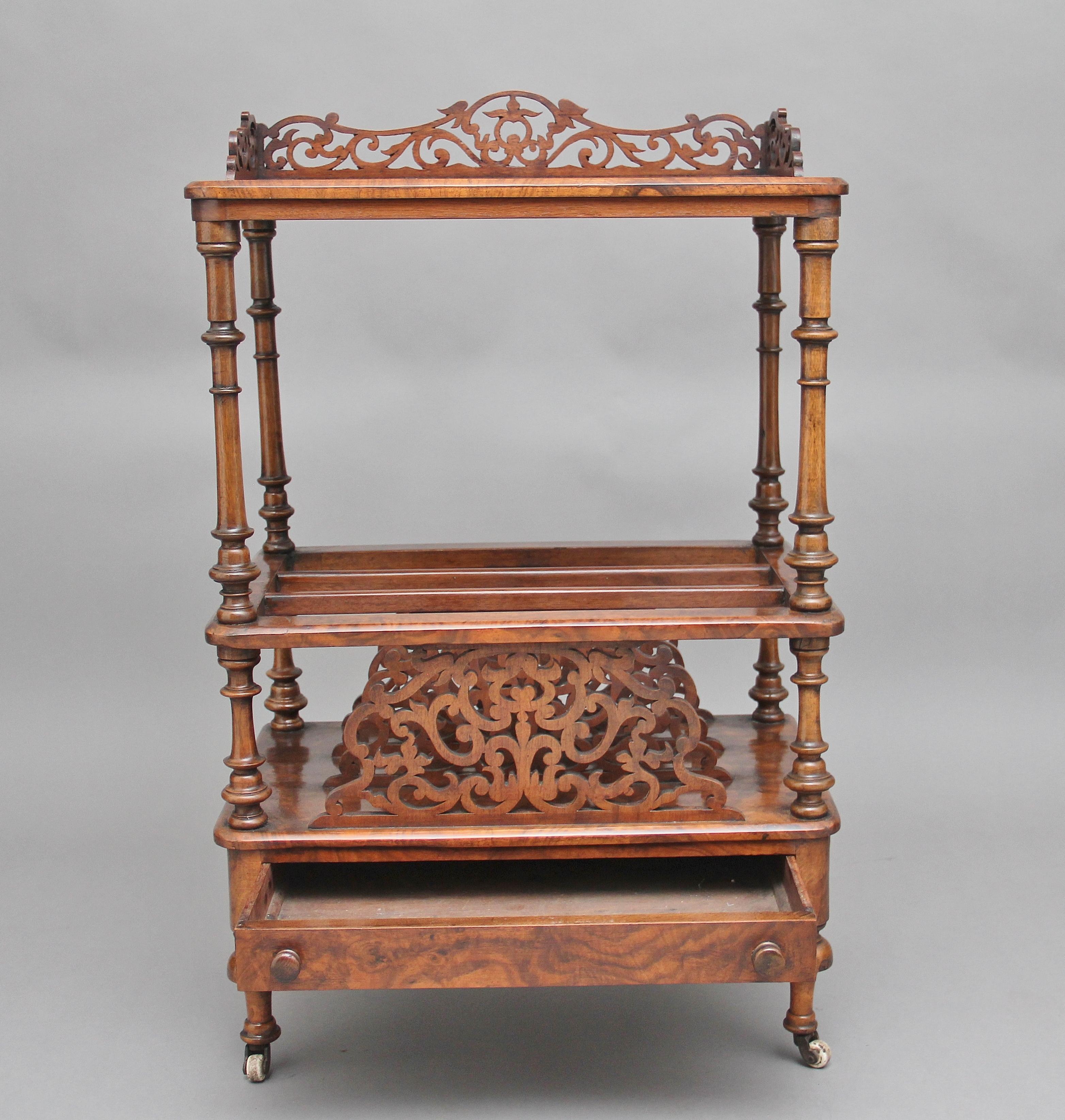 Early Victorian 19th Century burr walnut Canterbury with a carved and pierced gallery