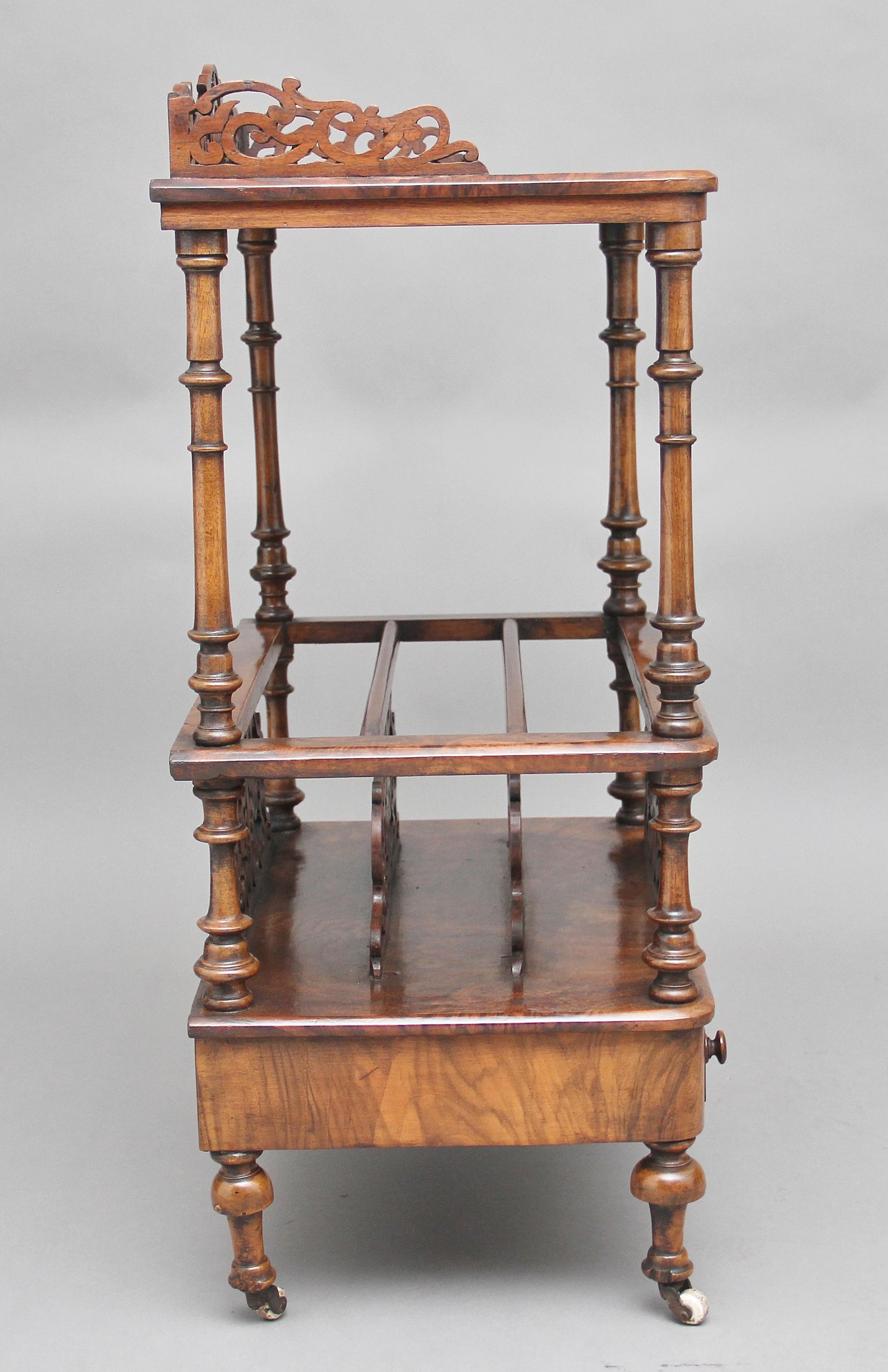 English 19th Century burr walnut Canterbury with a carved and pierced gallery