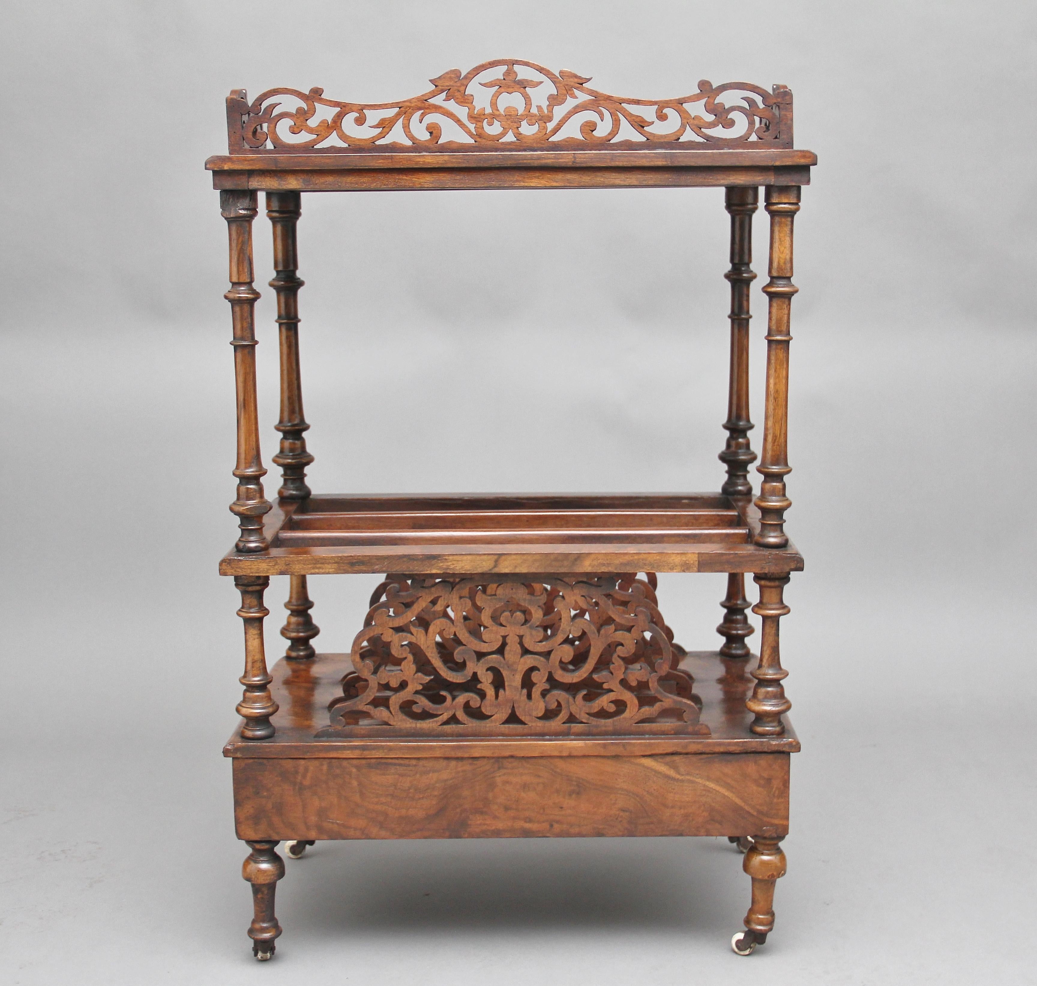 19th Century burr walnut Canterbury with a carved and pierced gallery In Good Condition In Martlesham, GB