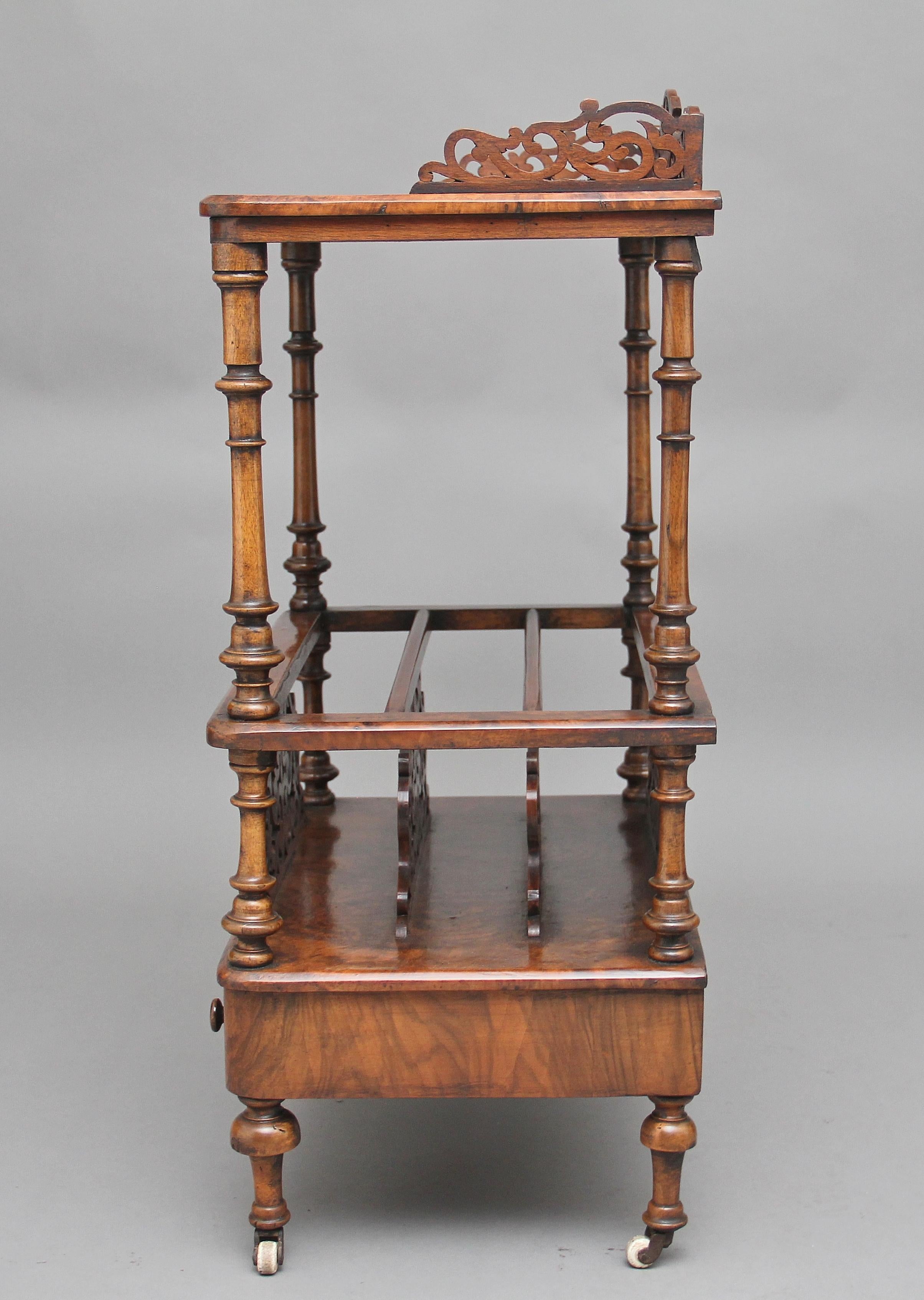 Mid-19th Century 19th Century burr walnut Canterbury with a carved and pierced gallery