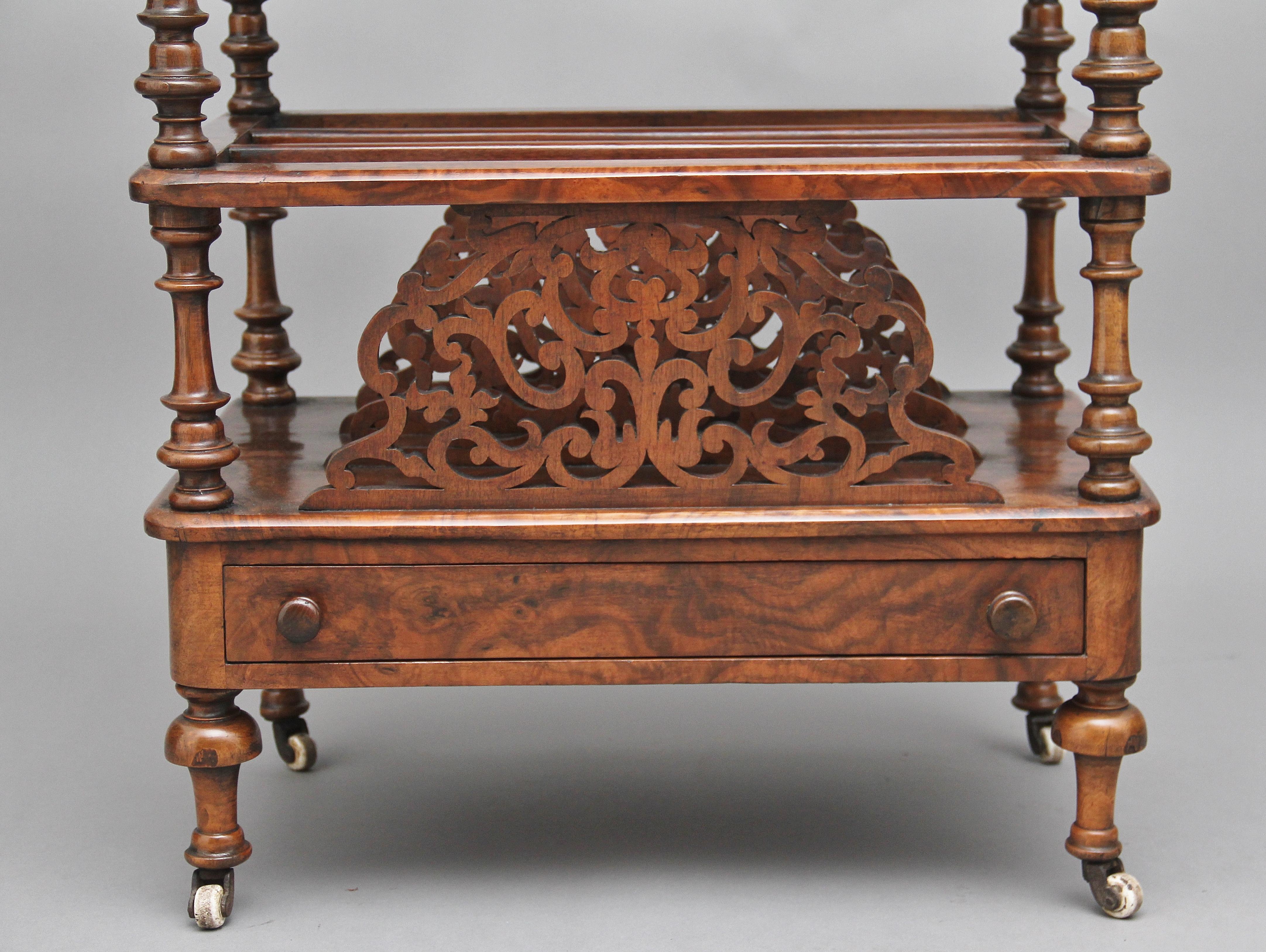 19th Century burr walnut Canterbury with a carved and pierced gallery 1