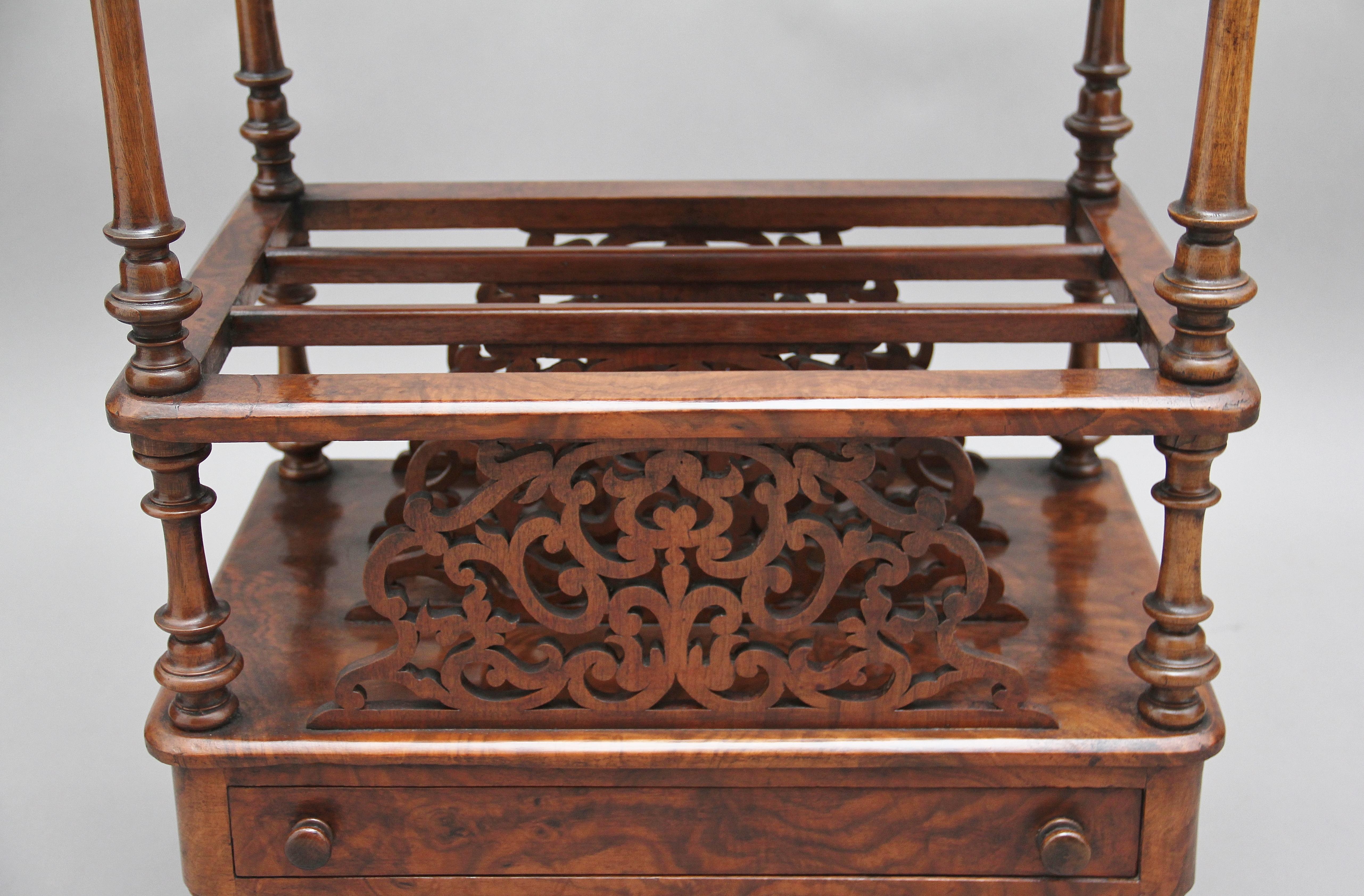 19th Century burr walnut Canterbury with a carved and pierced gallery 2