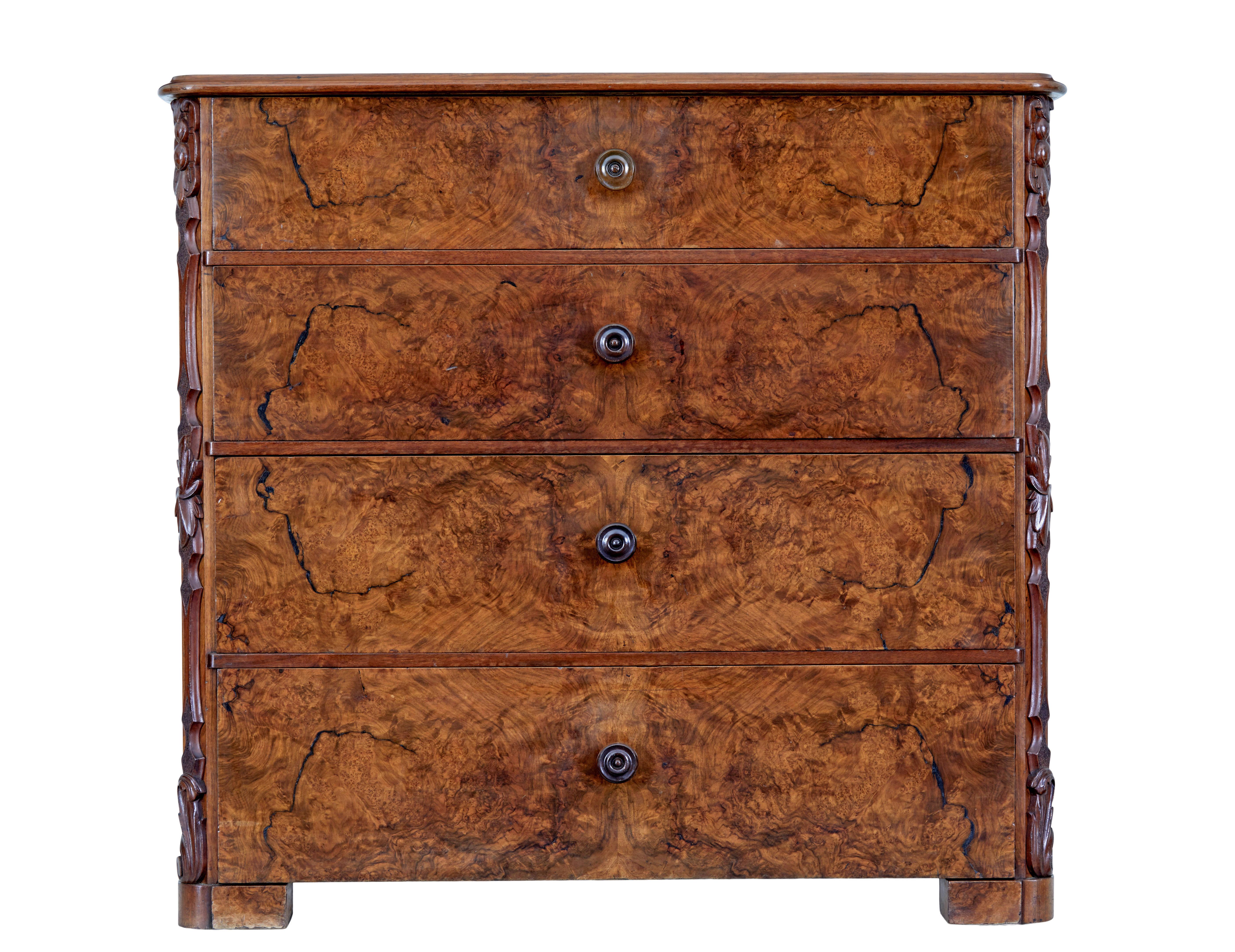 Swedish 19th Century Burr Walnut Chest of Drawers For Sale