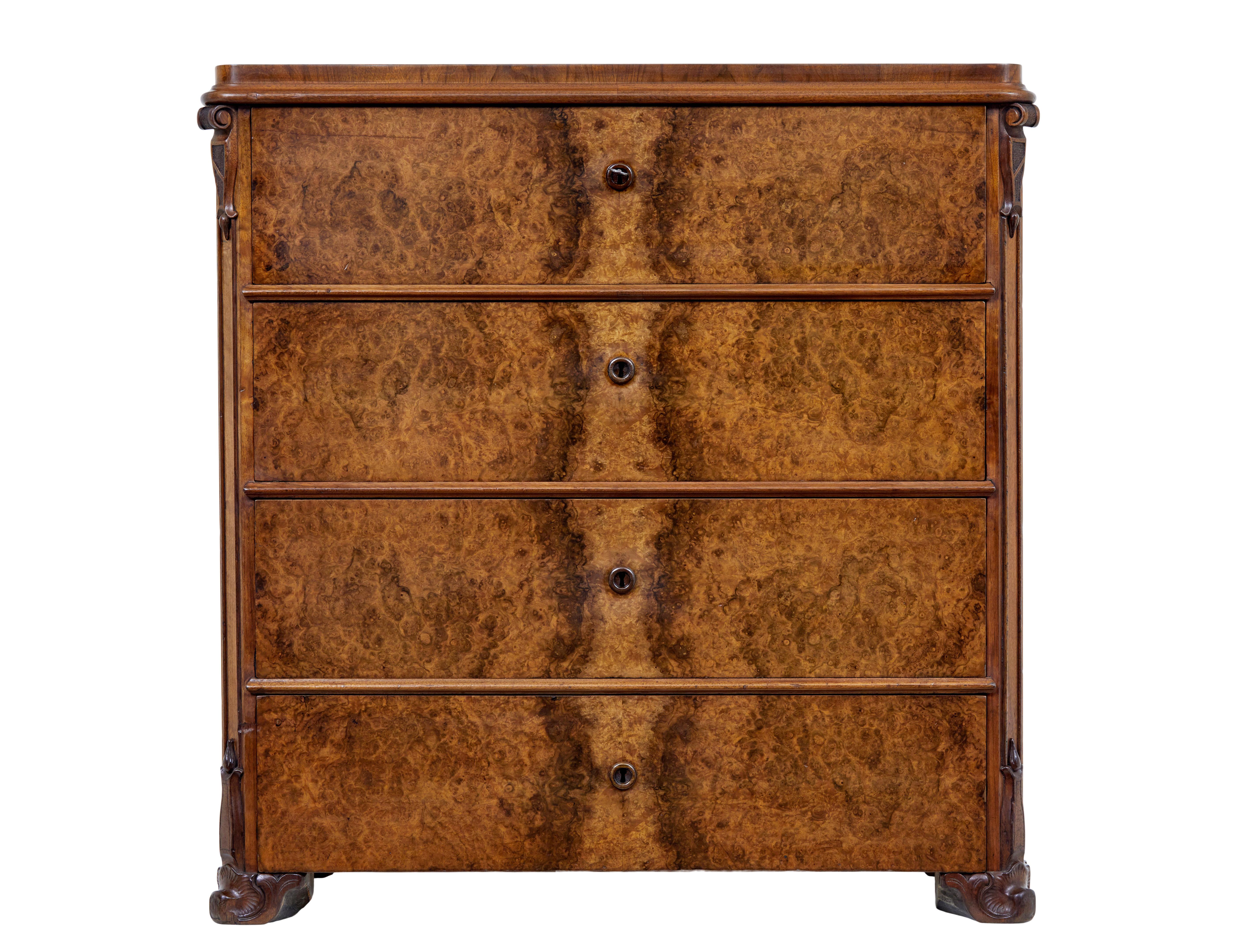 Carved 19th century burr walnut chest of drawers For Sale