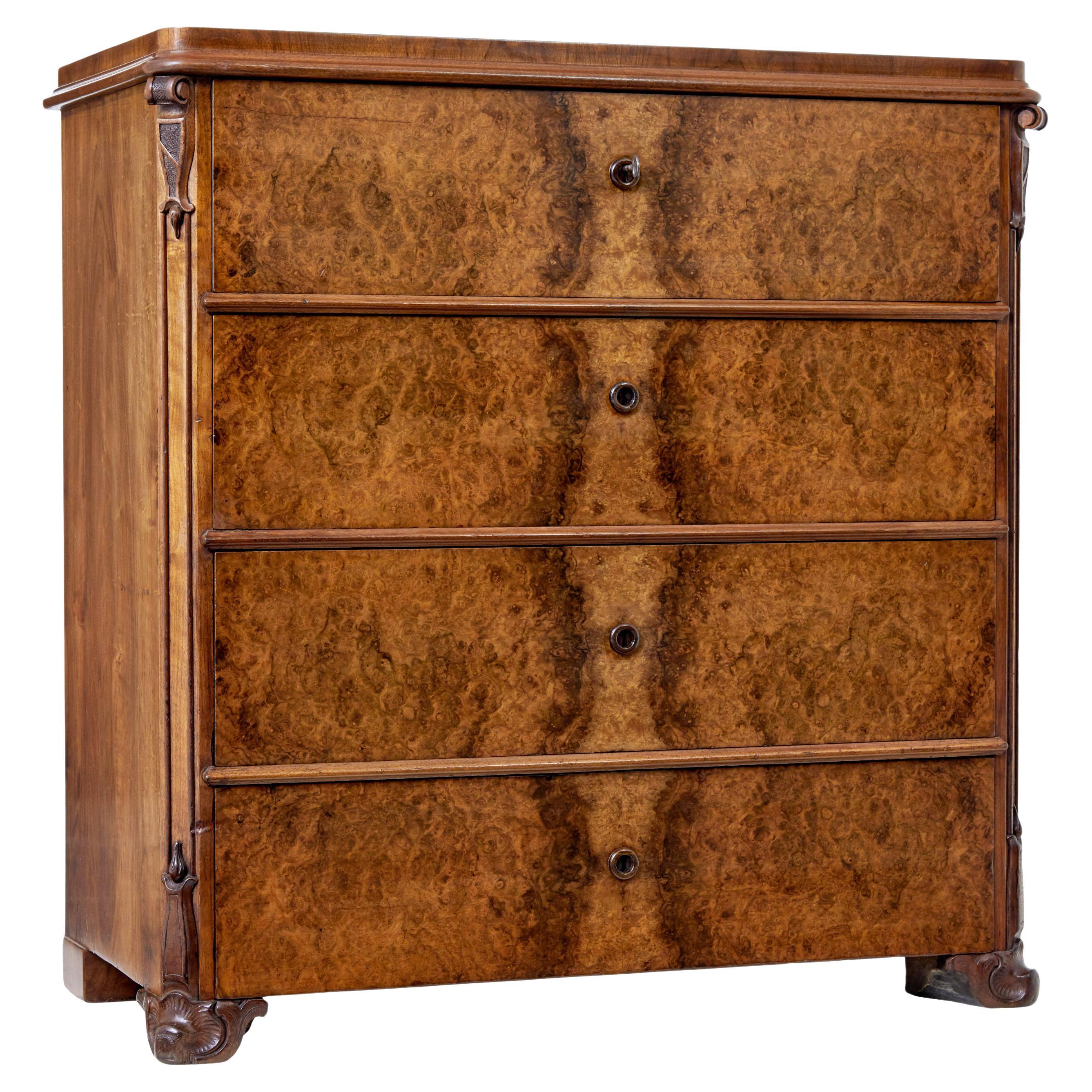 19th century burr walnut chest of drawers For Sale