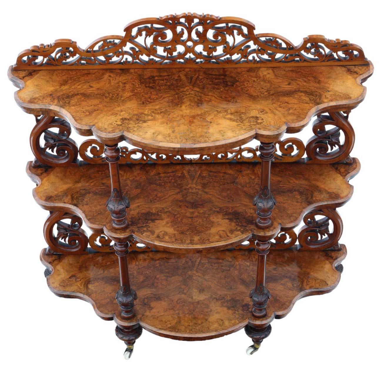 Introducing an exquisite 19th Century Burr Walnut Demi-Lune Console Table—a fine quality antique display serving whatnot that's sure to impress.

This delightful piece exudes age, charm, and character, making it a very rare decorative find. Crafted