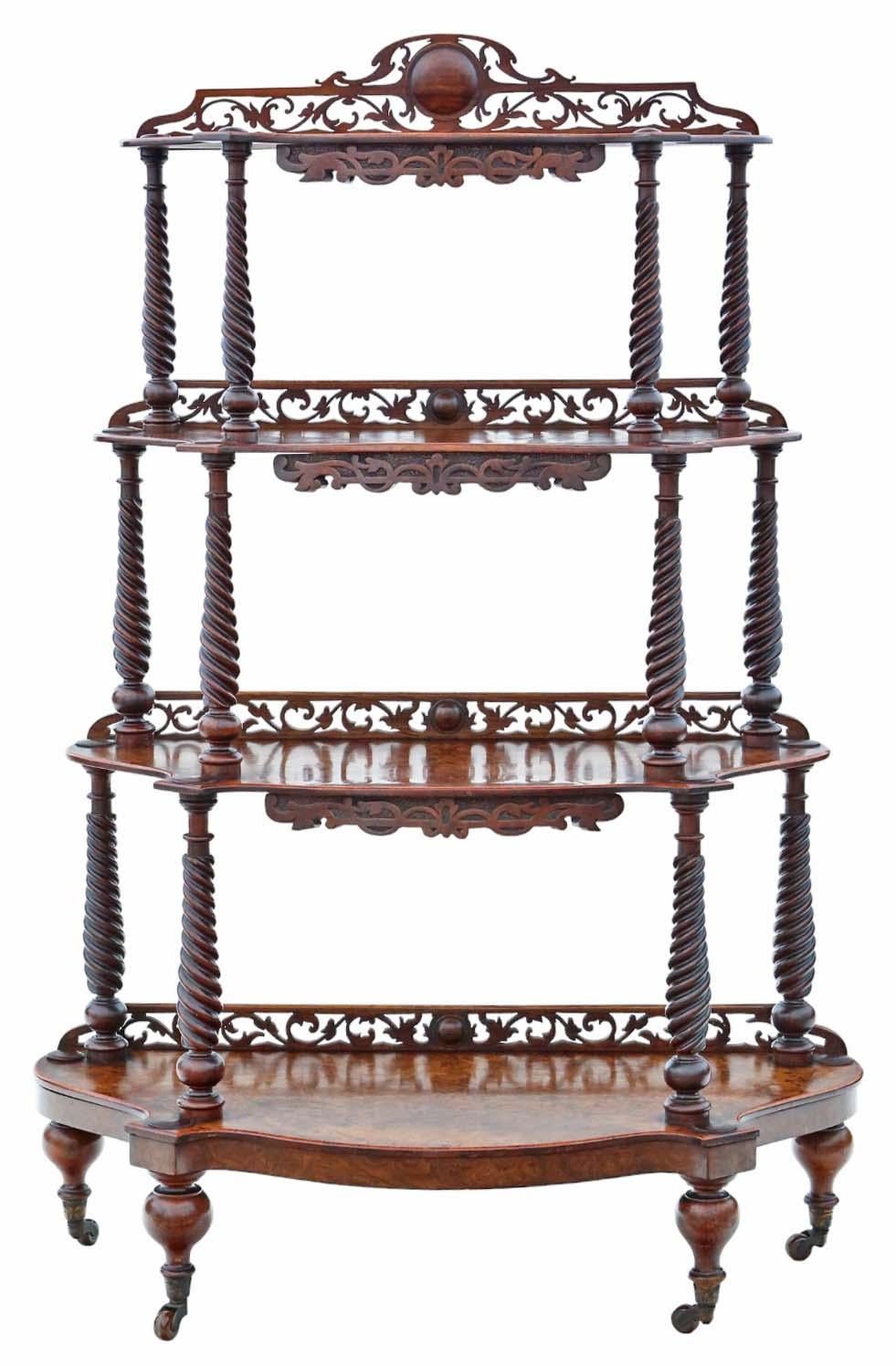 Introducing an exquisite 19th Century Burr Walnut Demi-Lune Console Table—a fine quality antique display serving whatnot that's sure to impress.

This delightful piece exudes age, charm, and character, making it a very rare decorative find. Crafted