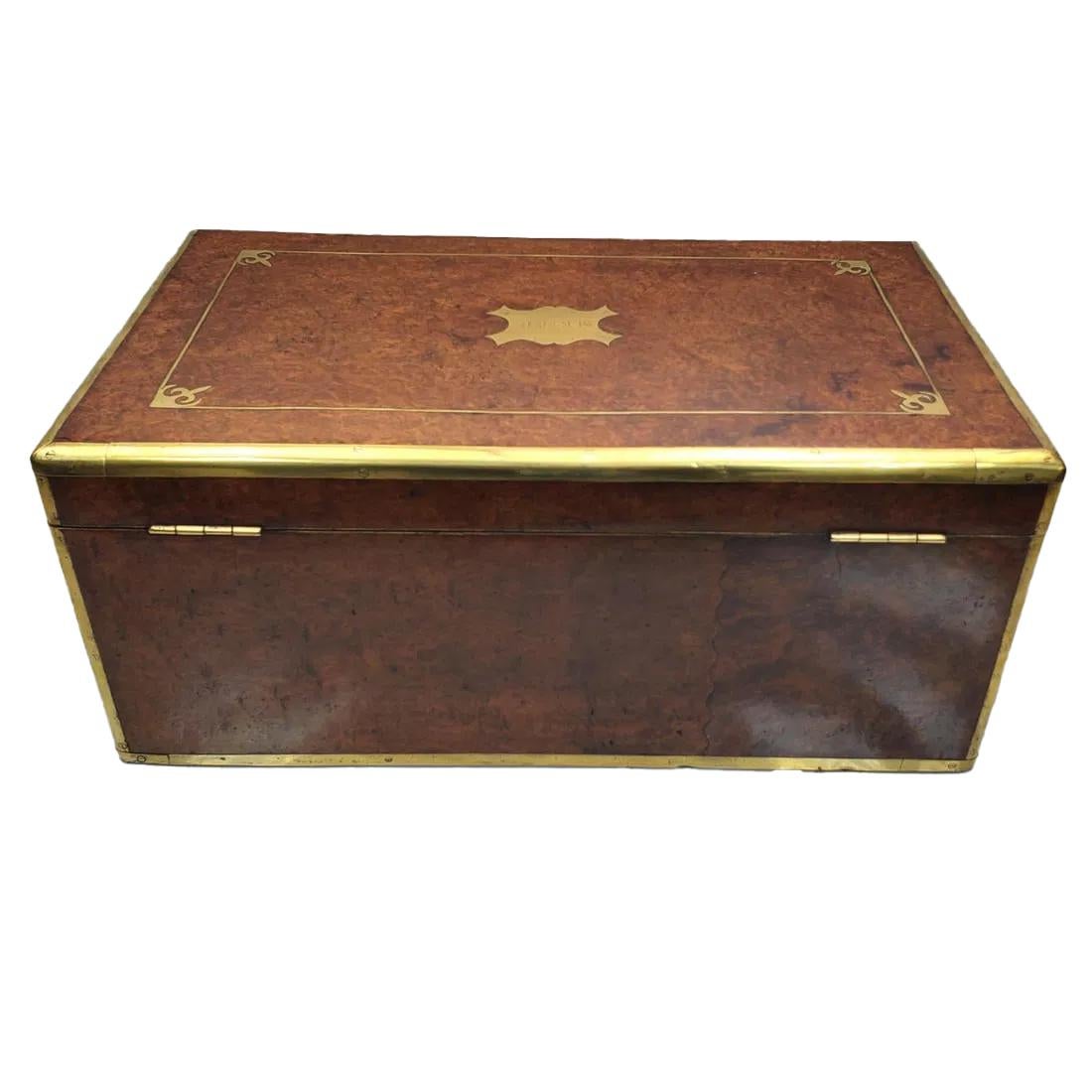 19th Century Burr Walnut Double Hinged Writing Slope with Brass Edges and Inlay For Sale 5