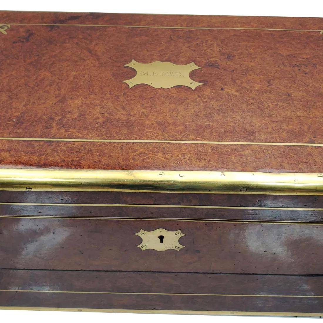 William IV 19th Century Burr Walnut Double Hinged Writing Slope with Brass Edges and Inlay For Sale