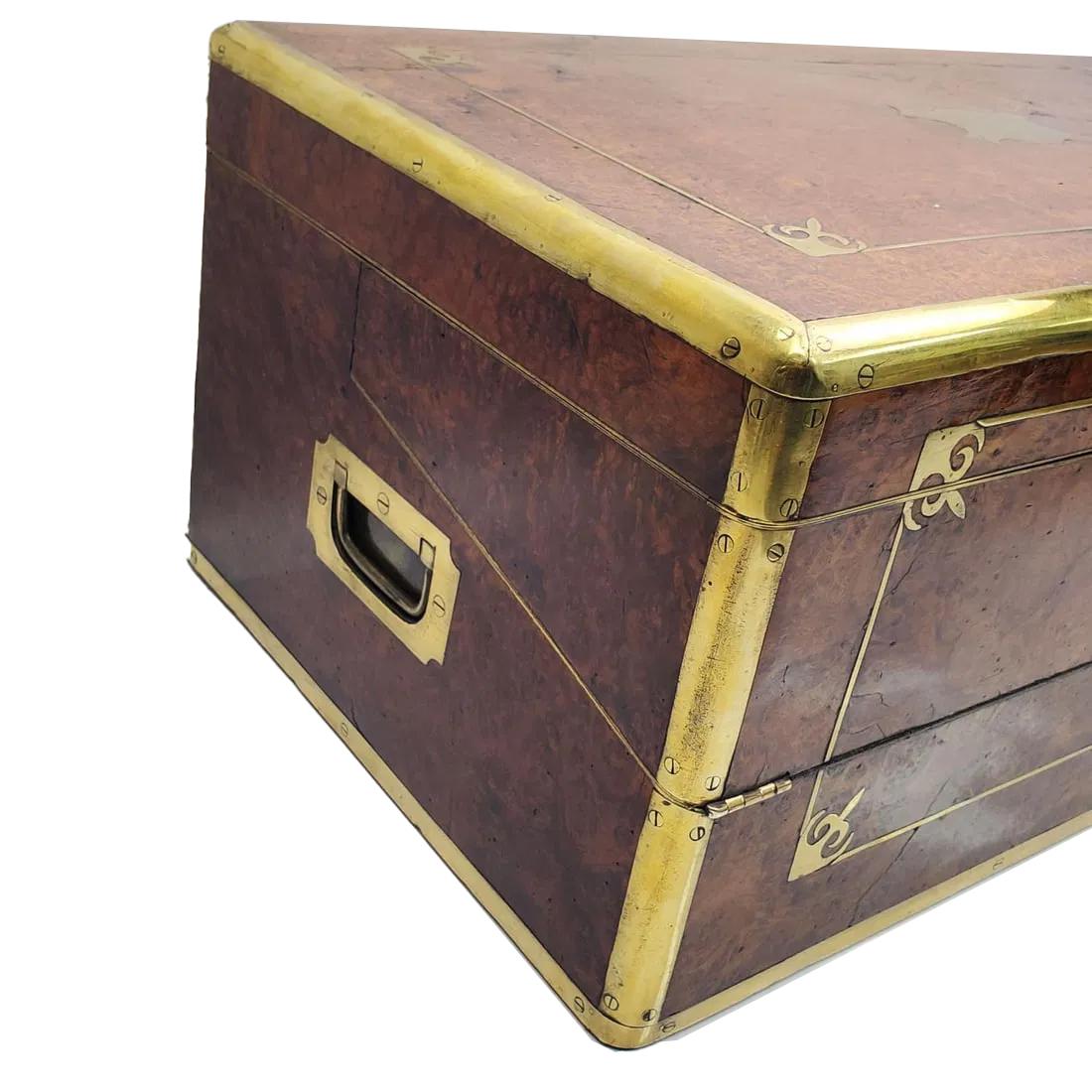 19th Century Burr Walnut Double Hinged Writing Slope with Brass Edges and Inlay In Good Condition For Sale In Chapel Hill, NC