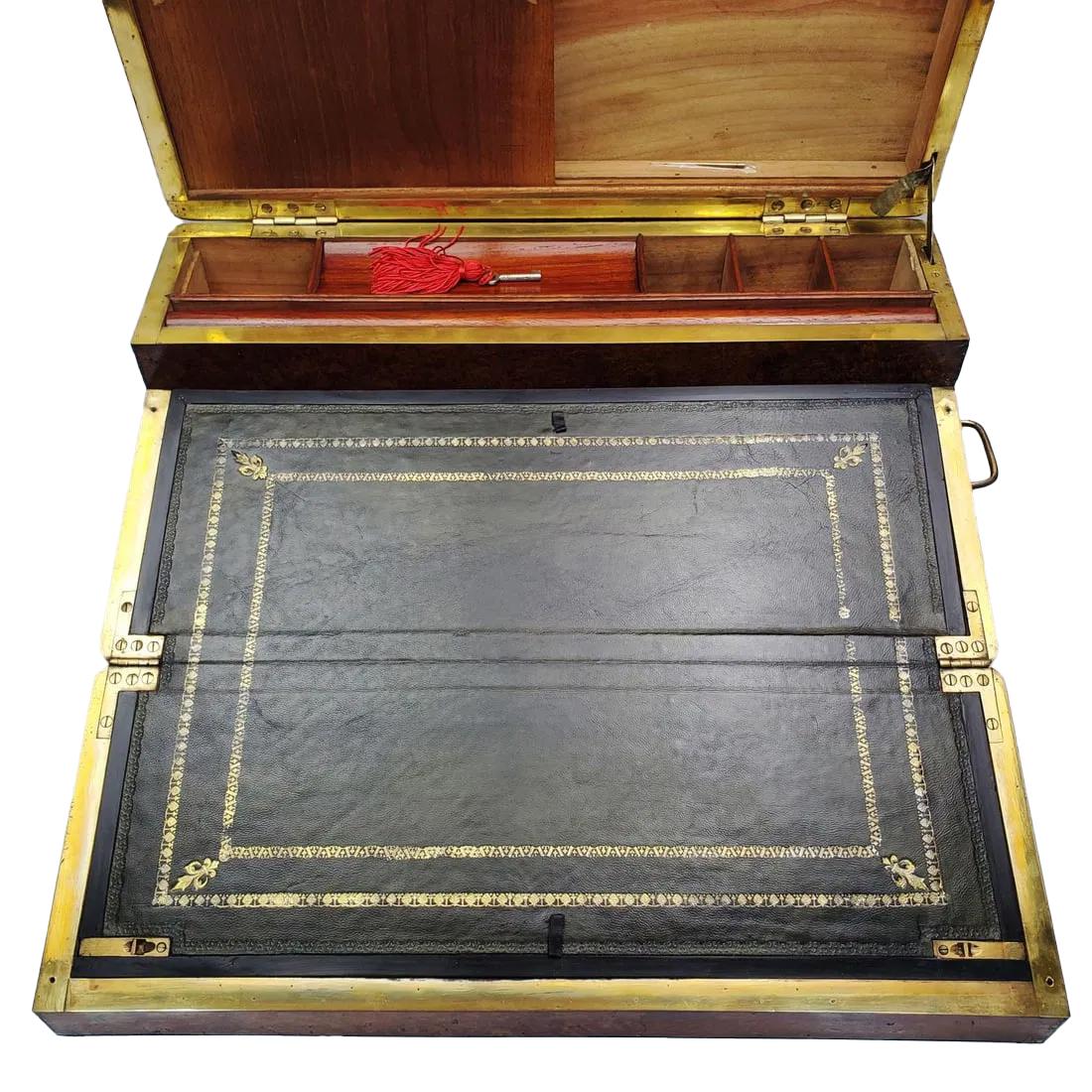 19th Century Burr Walnut Double Hinged Writing Slope with Brass Edges and Inlay For Sale 3