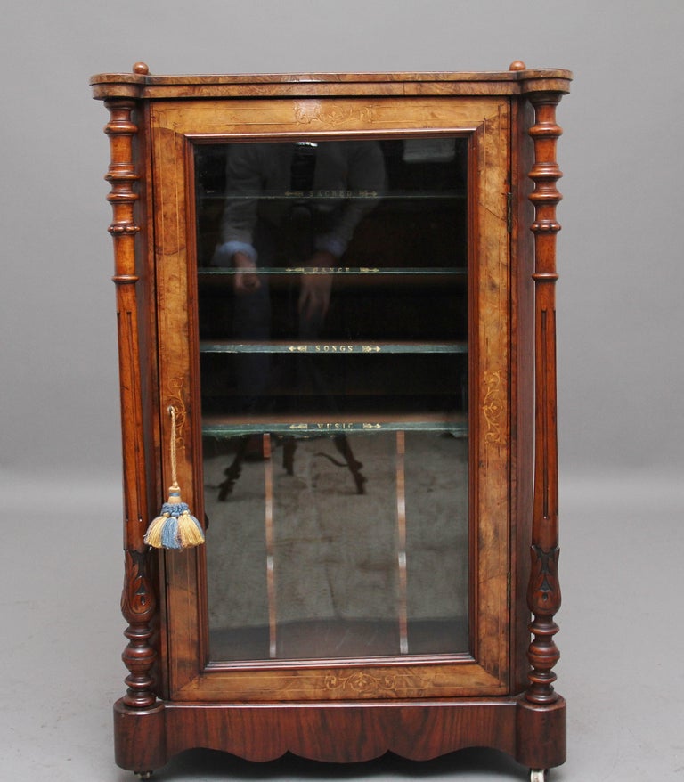 Victorian 19th Century Burr Walnut Inlaid Music Cabinet For Sale
