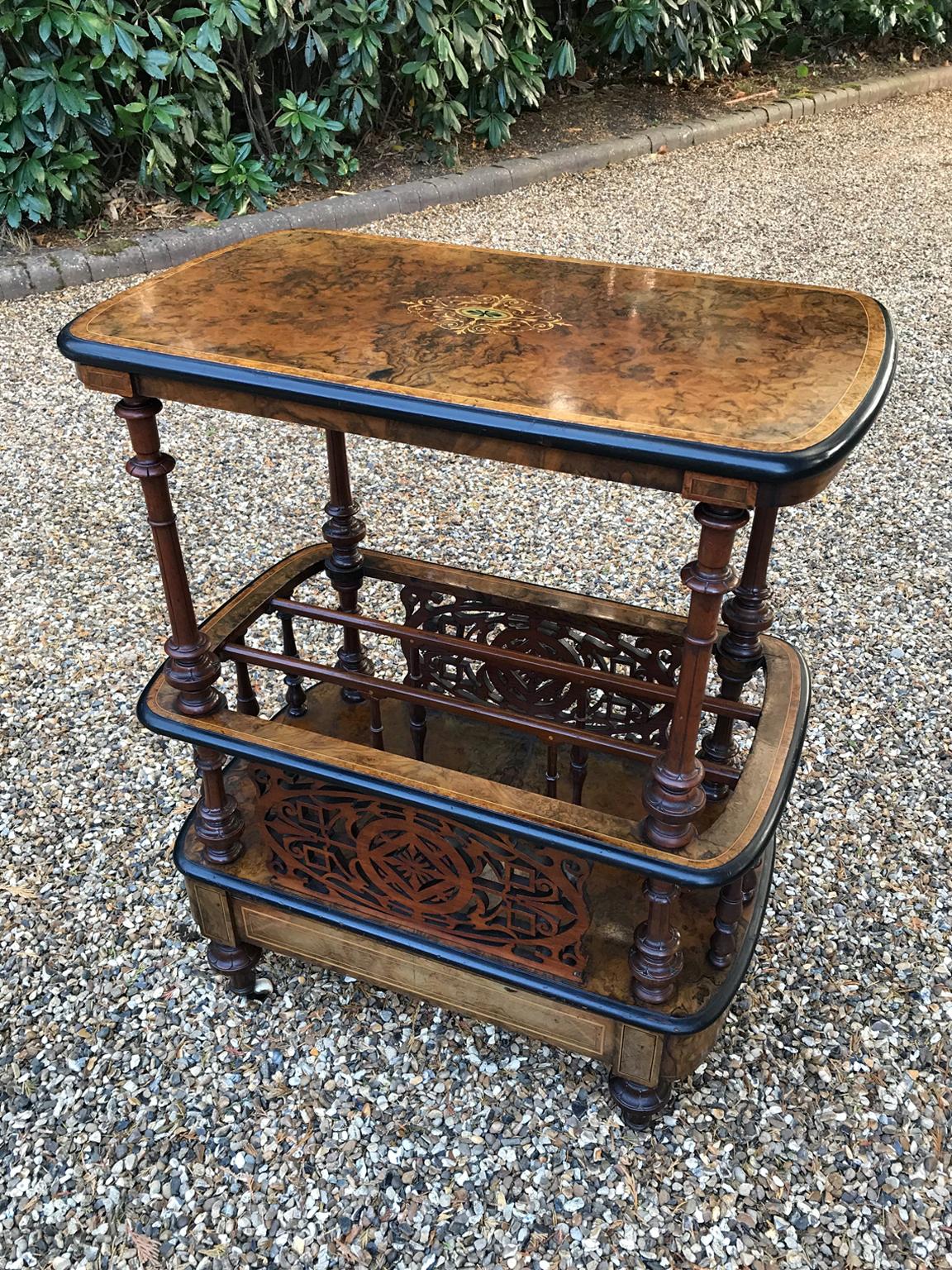 19th century burr walnut and marquetry inlaid Canterbury, base has a single drawer on turned feet and original white china castors,
circa 1840
Dimensions:
Width: 27 inches – 69 cms
Depth: 16 inches – 40 cms
Height: 34.5 inches – 88 cms.
 