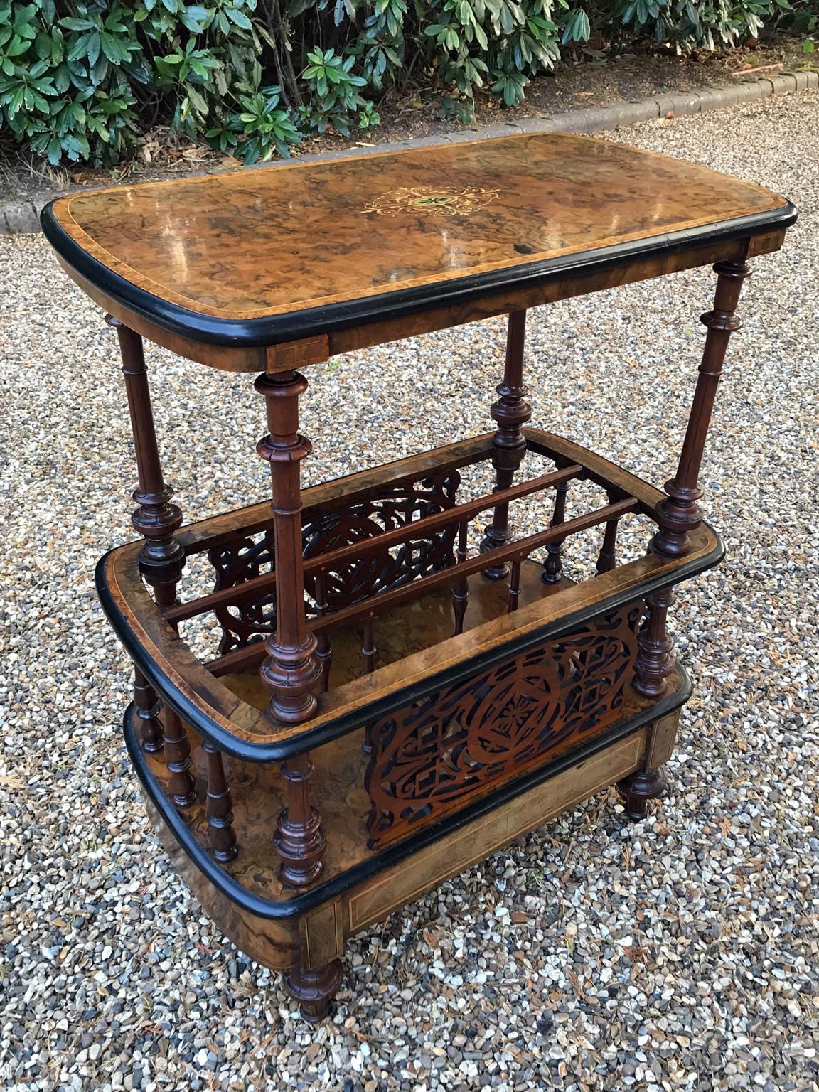 Victorian 19th Century Burr Walnut and Marquetry Inlaid Canterbury