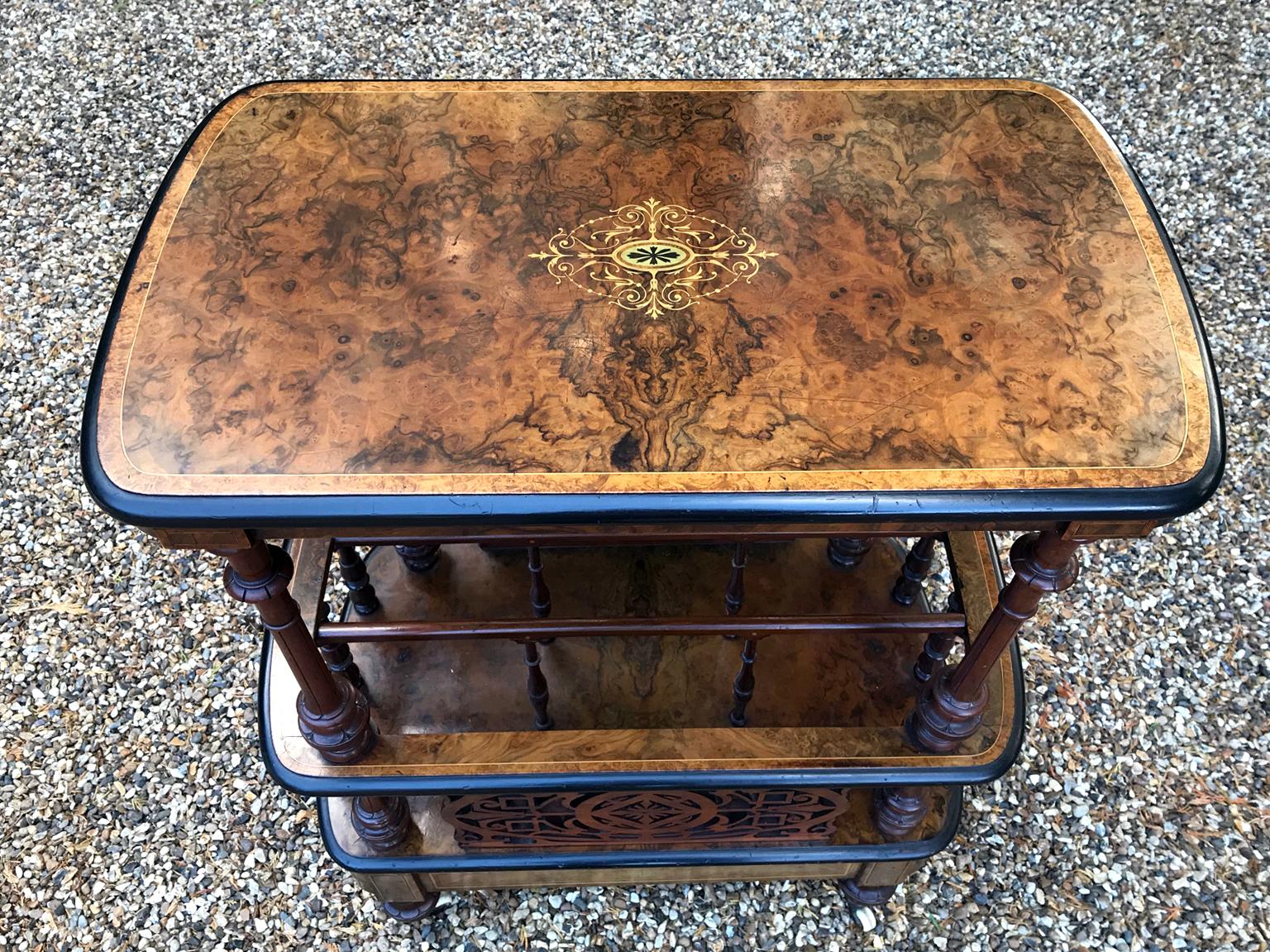 19th Century Burr Walnut and Marquetry Inlaid Canterbury In Good Condition In Richmond, London, Surrey