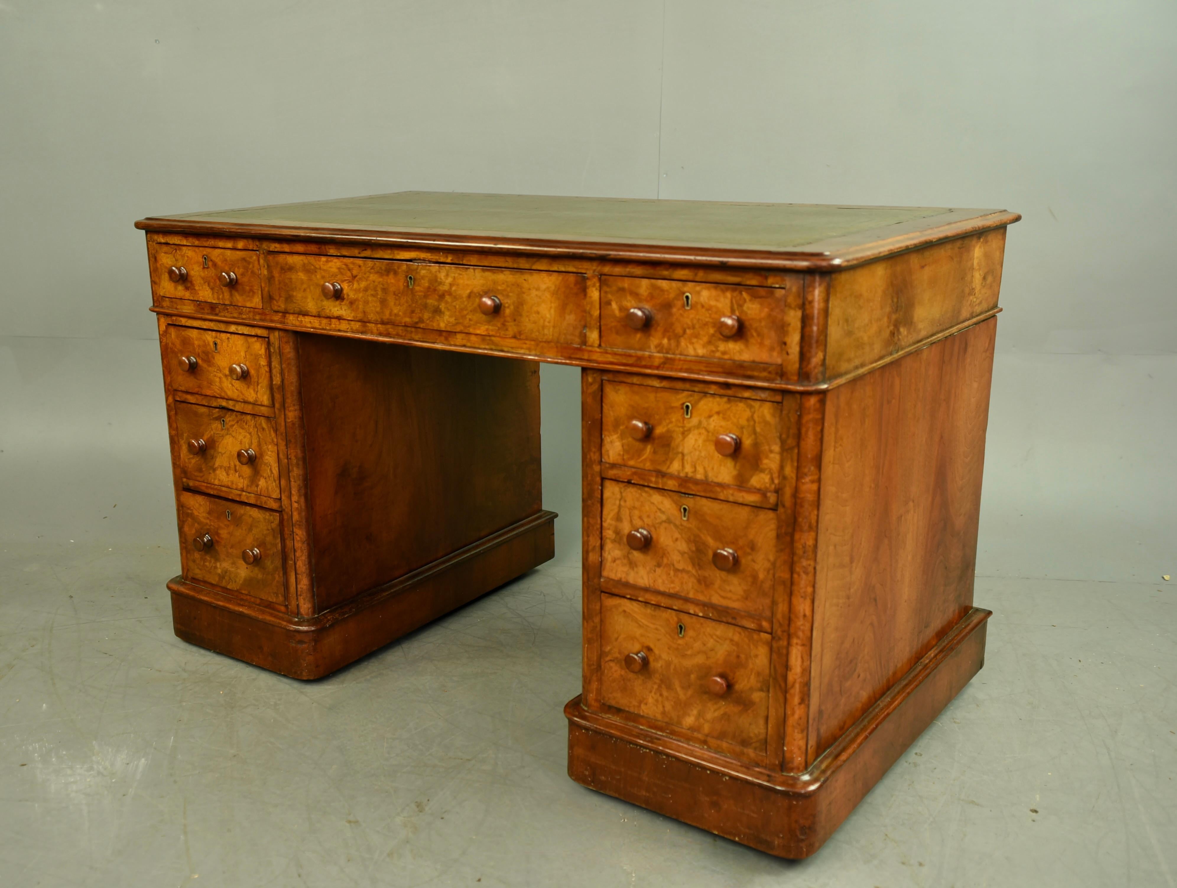 Victorian 19th Century burr walnut pedestal desk