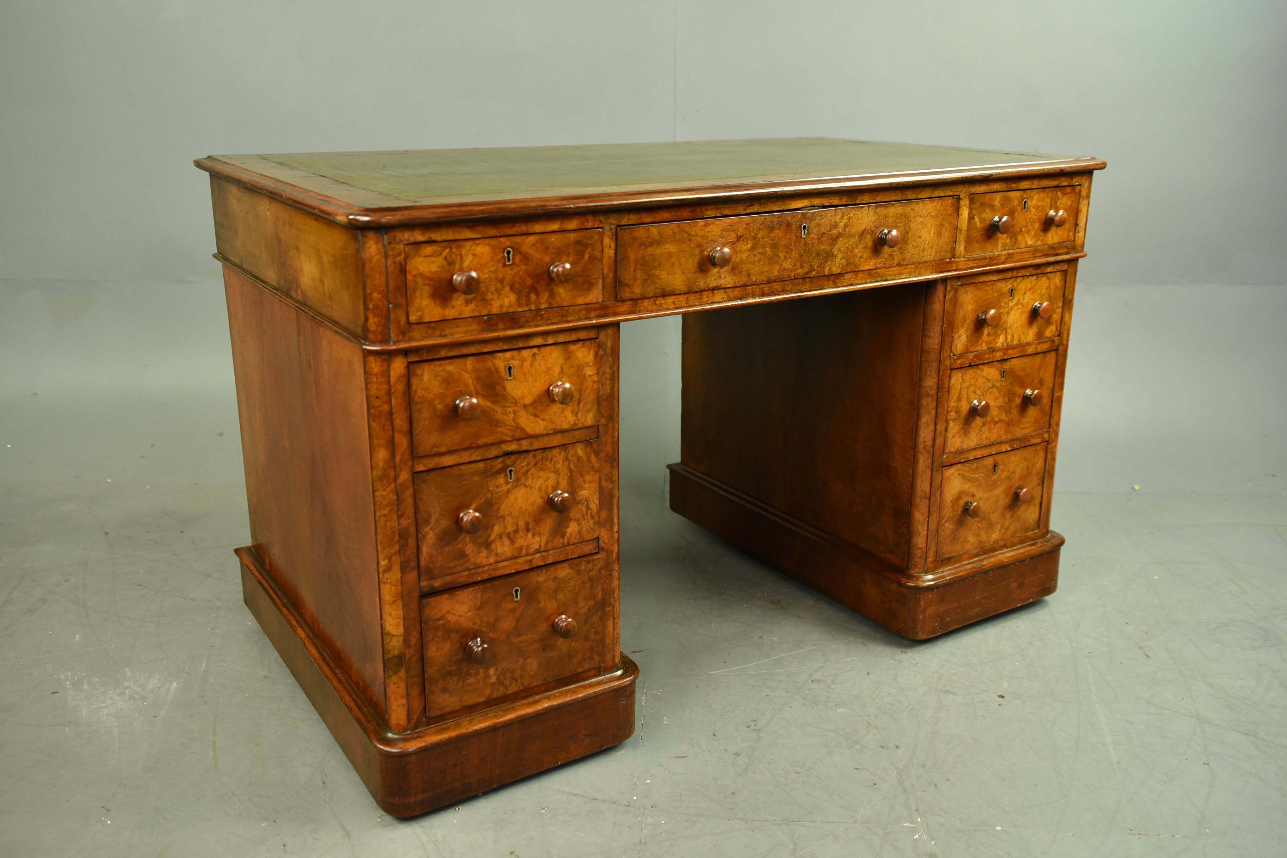 English 19th Century burr walnut pedestal desk