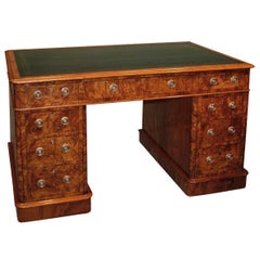 19th Century Burr Walnut Pedestal Desk with Blue Leather Top