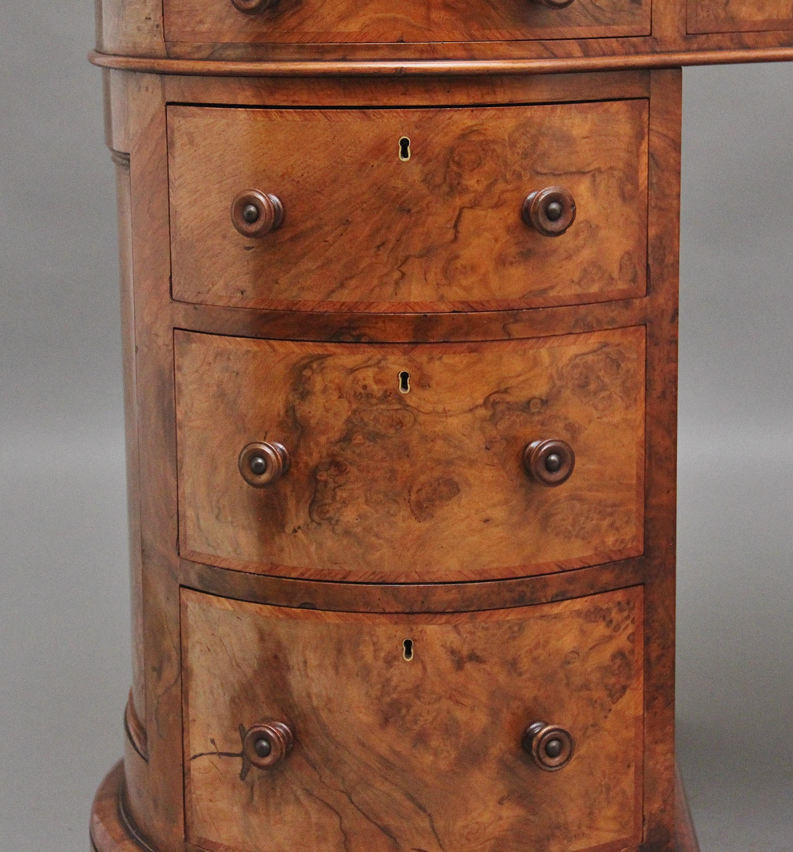 19th Century burr walnut pedestal kidney shaped desk 3