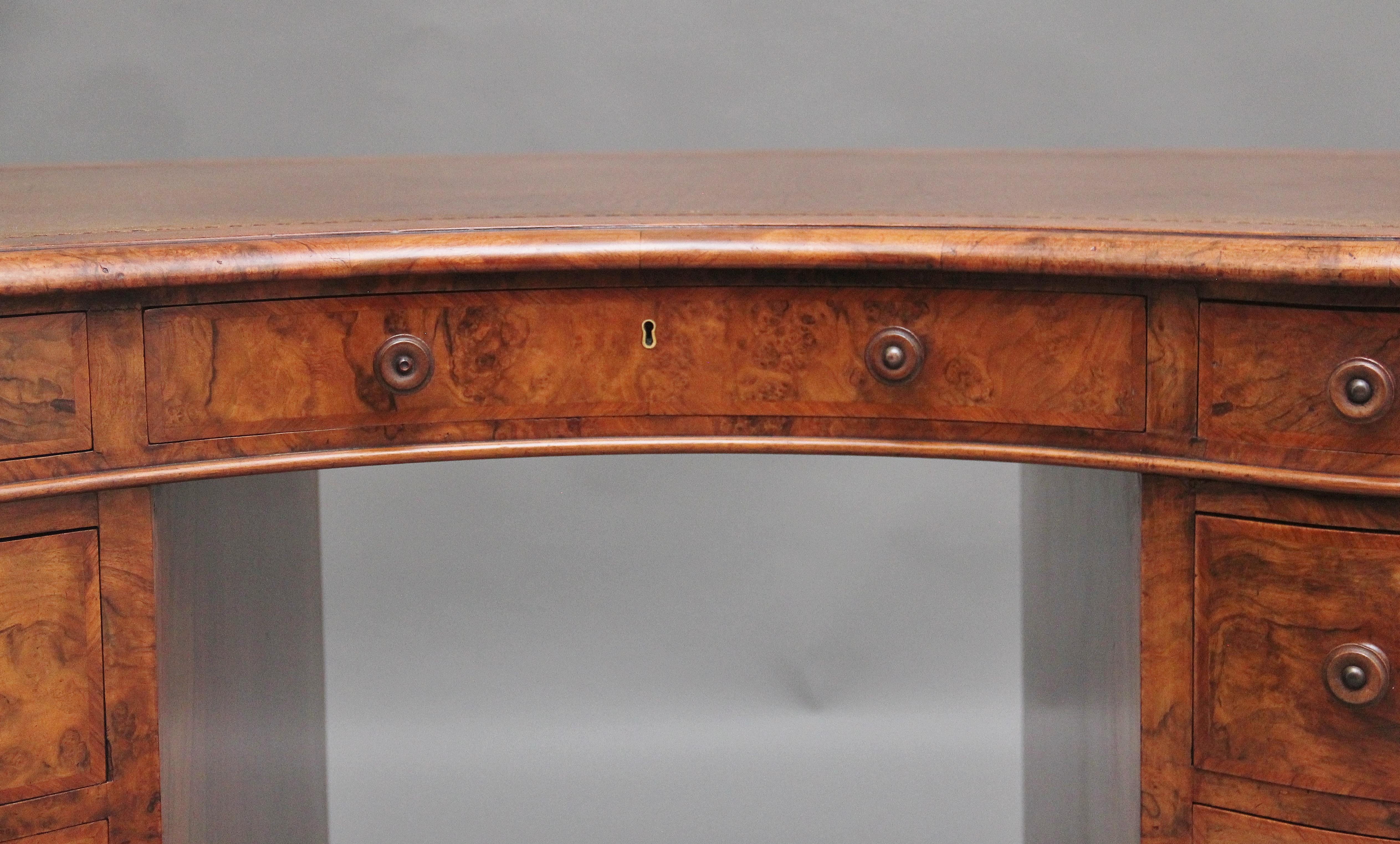 19th Century burr walnut pedestal kidney shaped desk 4