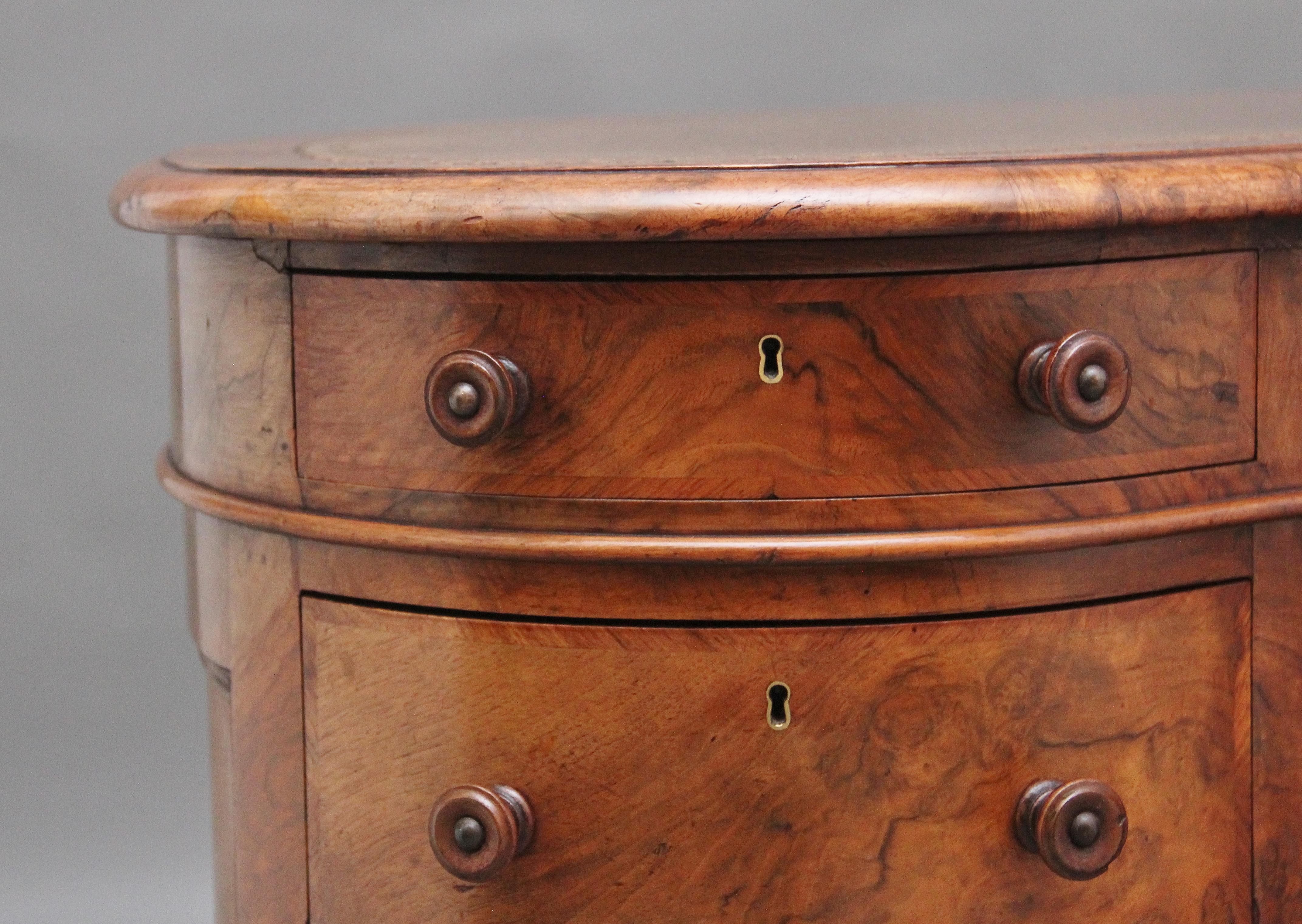 19th Century burr walnut pedestal kidney shaped desk 6