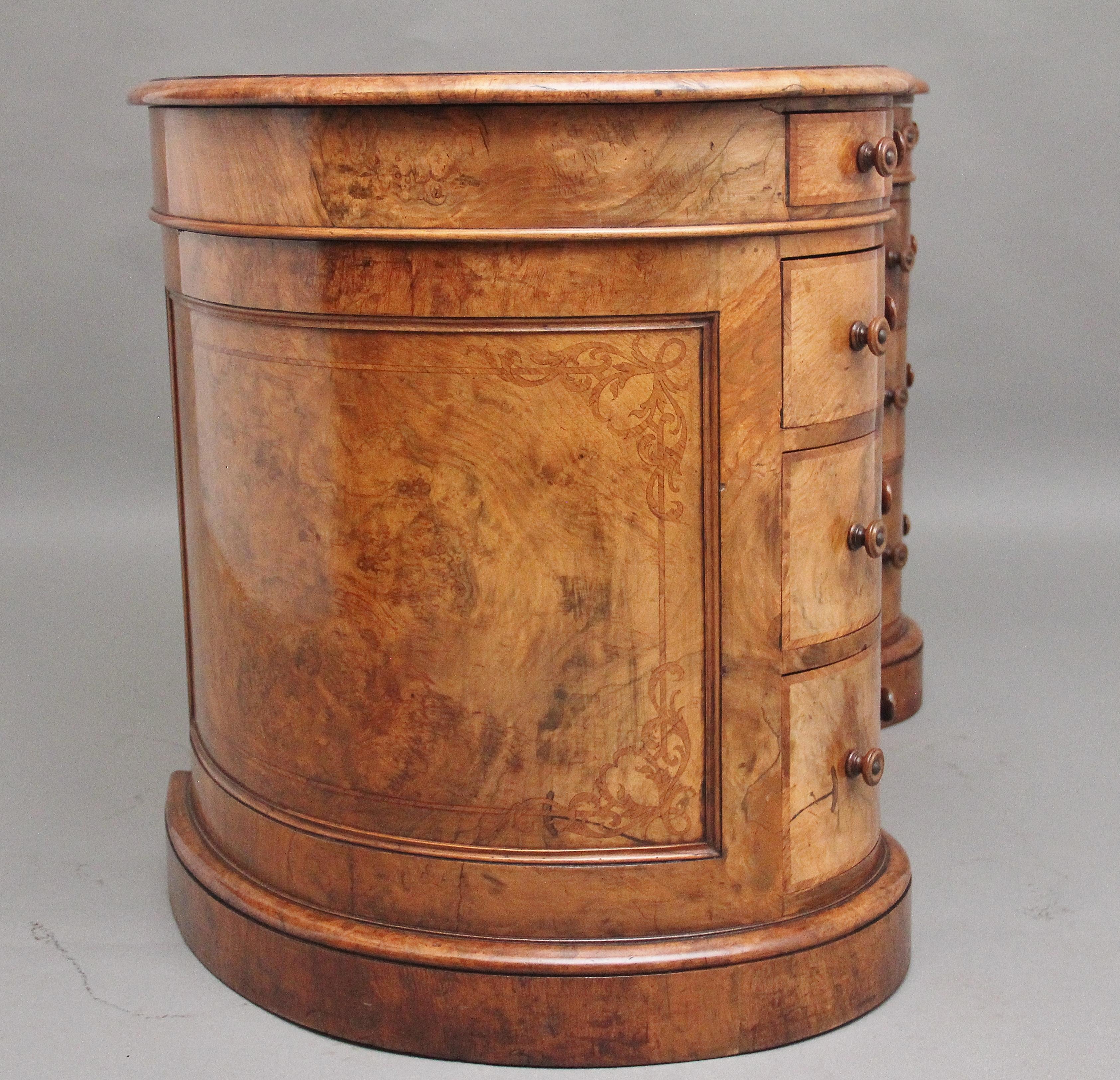 Early Victorian 19th Century burr walnut pedestal kidney shaped desk