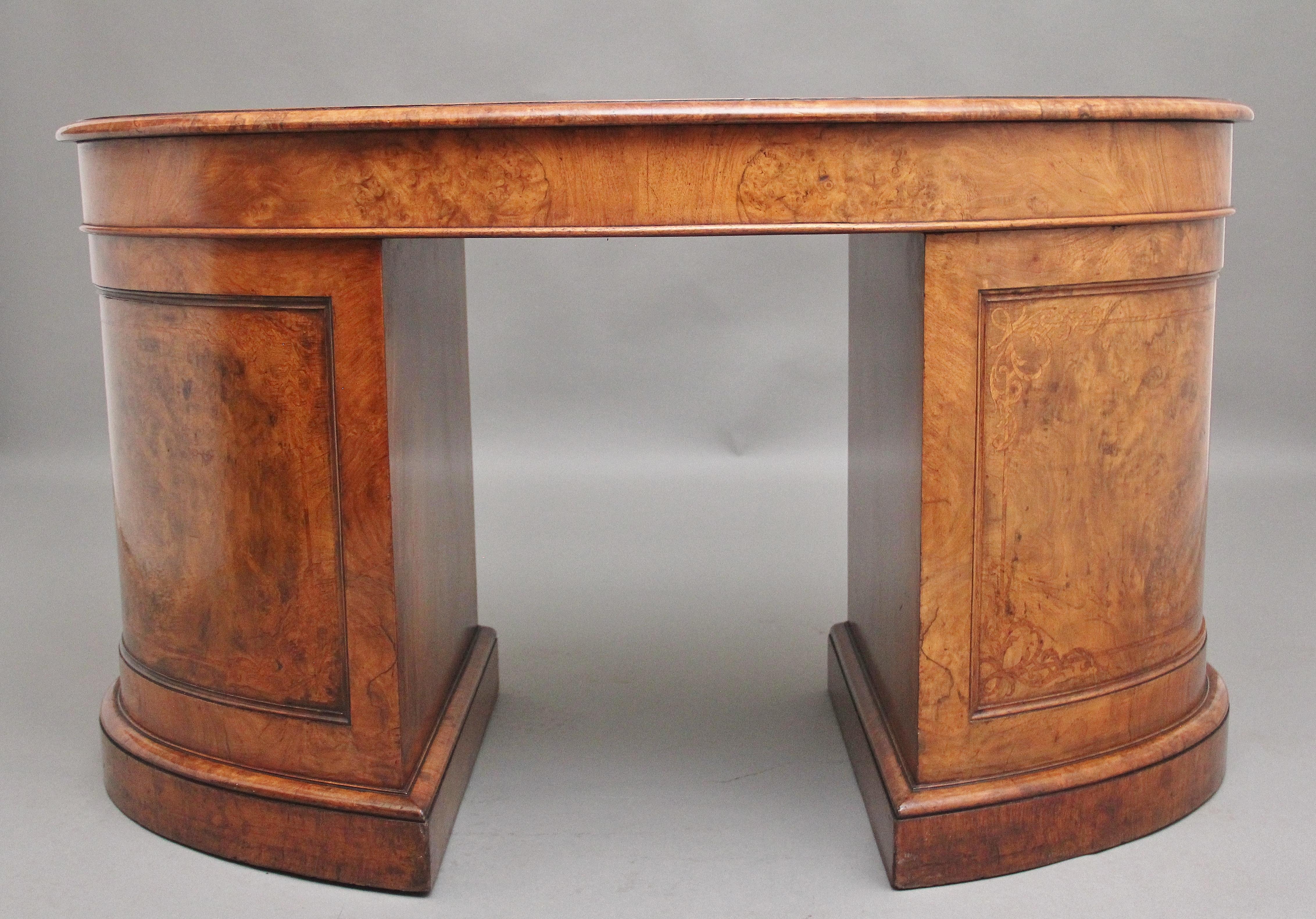 British 19th Century burr walnut pedestal kidney shaped desk