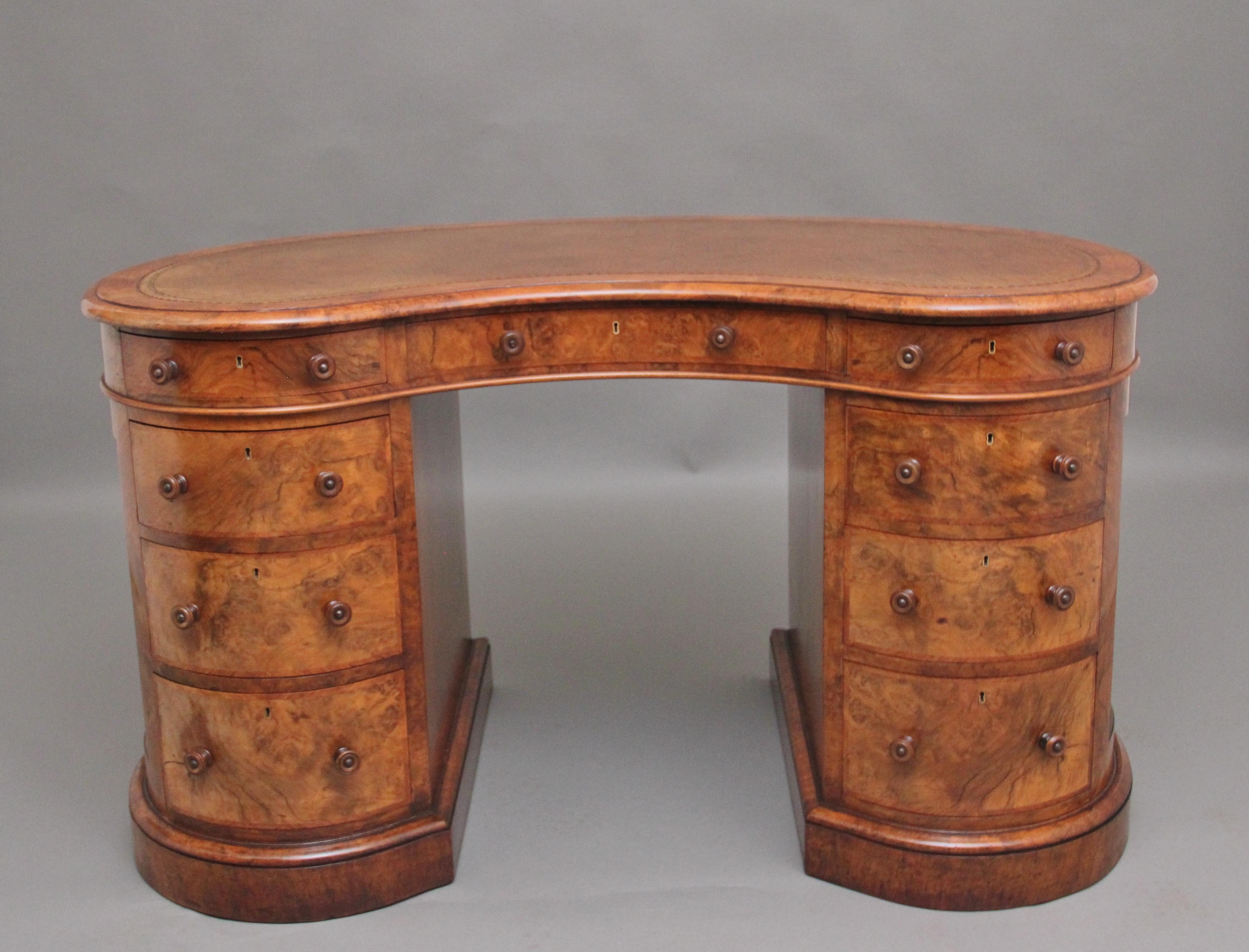 19th Century burr walnut pedestal kidney shaped desk 2