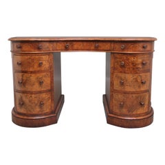 19th Century burr walnut pedestal kidney shaped desk