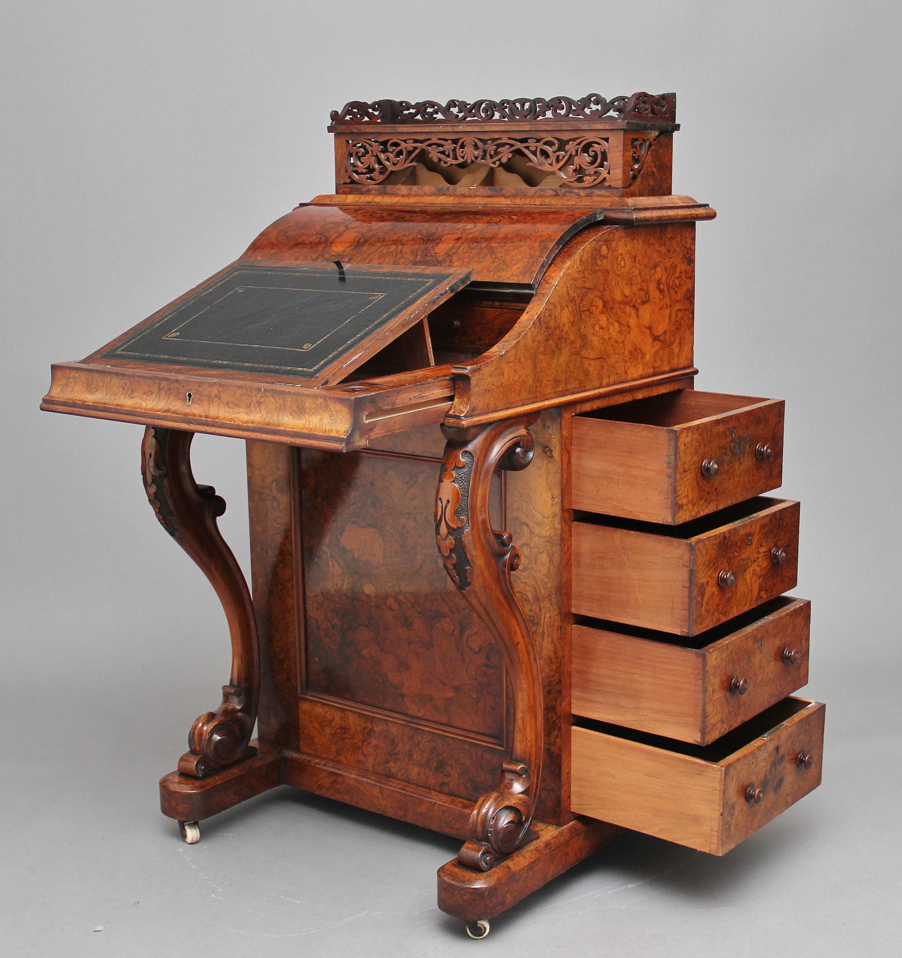 Early Victorian 19th Century Burr Walnut Rising Top Davenport