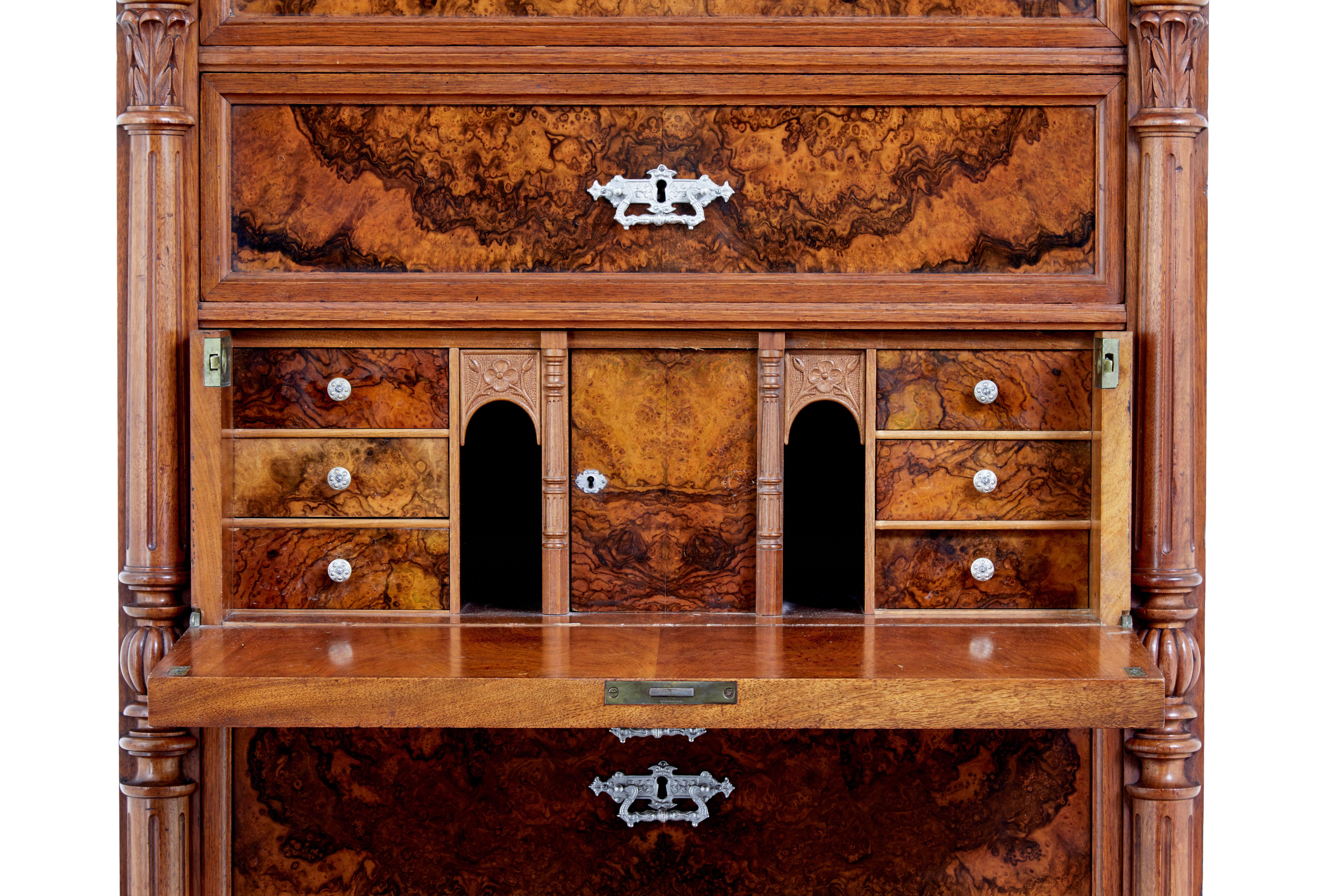 19th century burr walnut secretaire tall chest of drawers For Sale 2