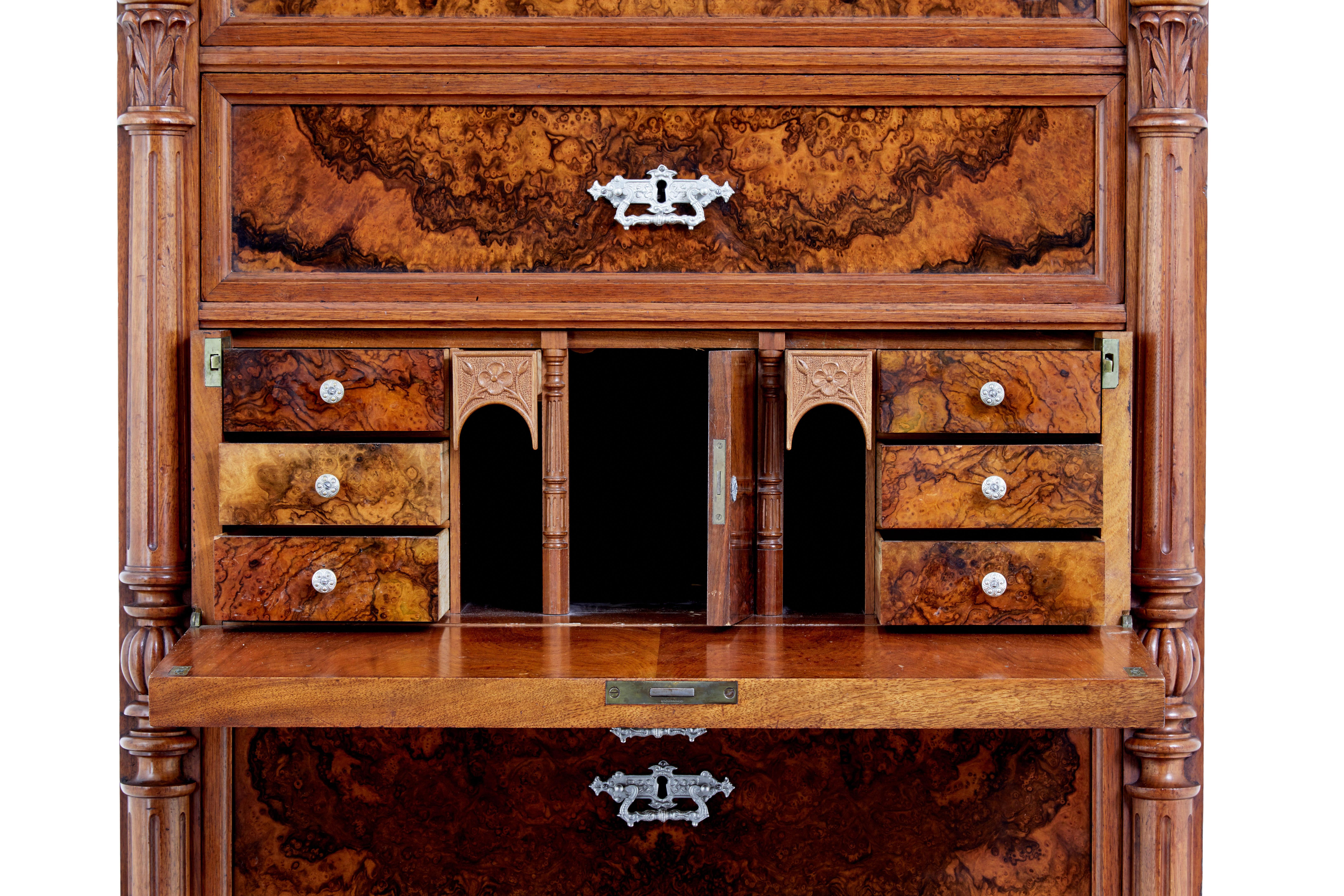 19th century burr walnut secretaire tall chest of drawers For Sale 3