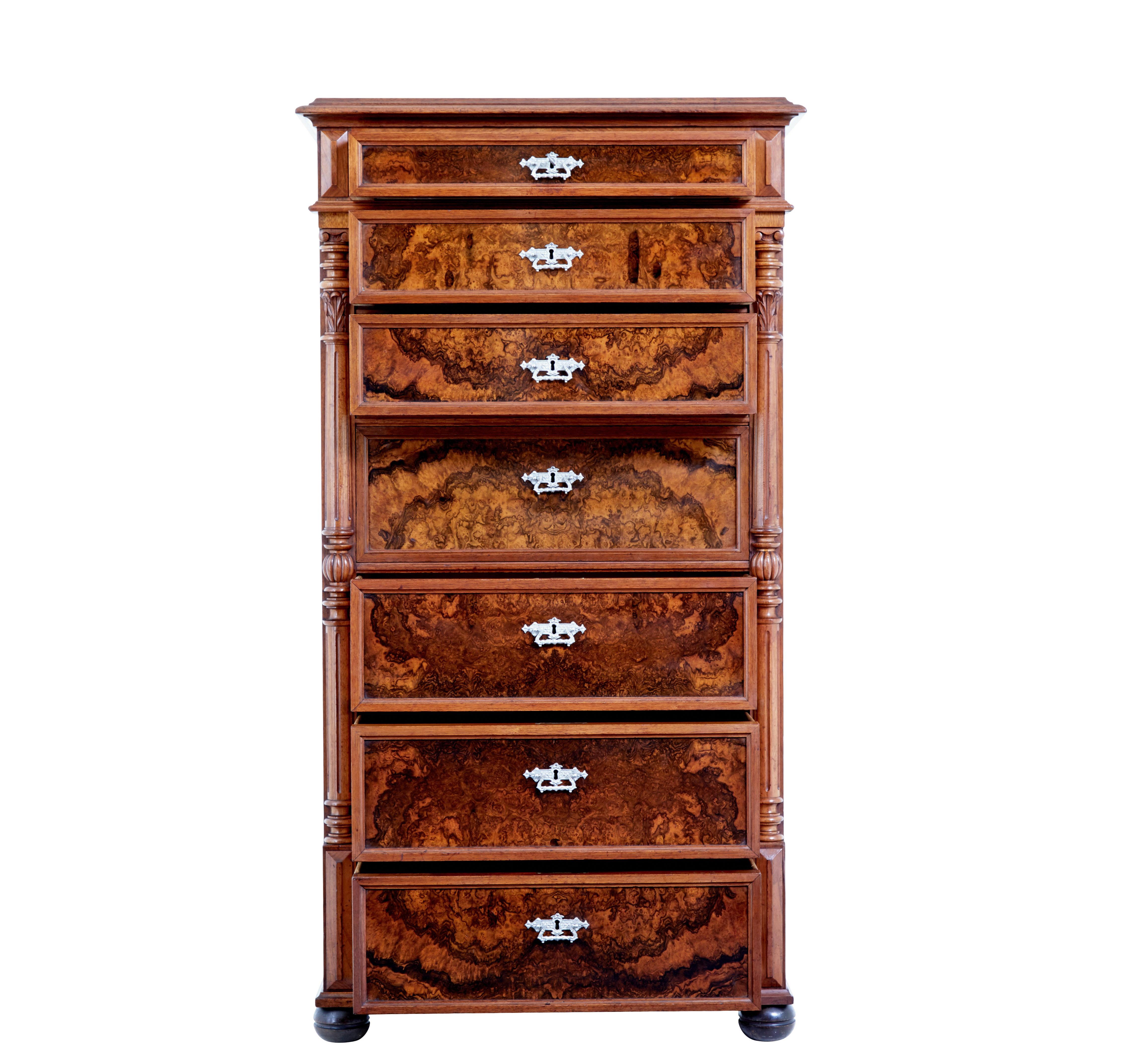 Victorian 19th century burr walnut secretaire tall chest of drawers For Sale