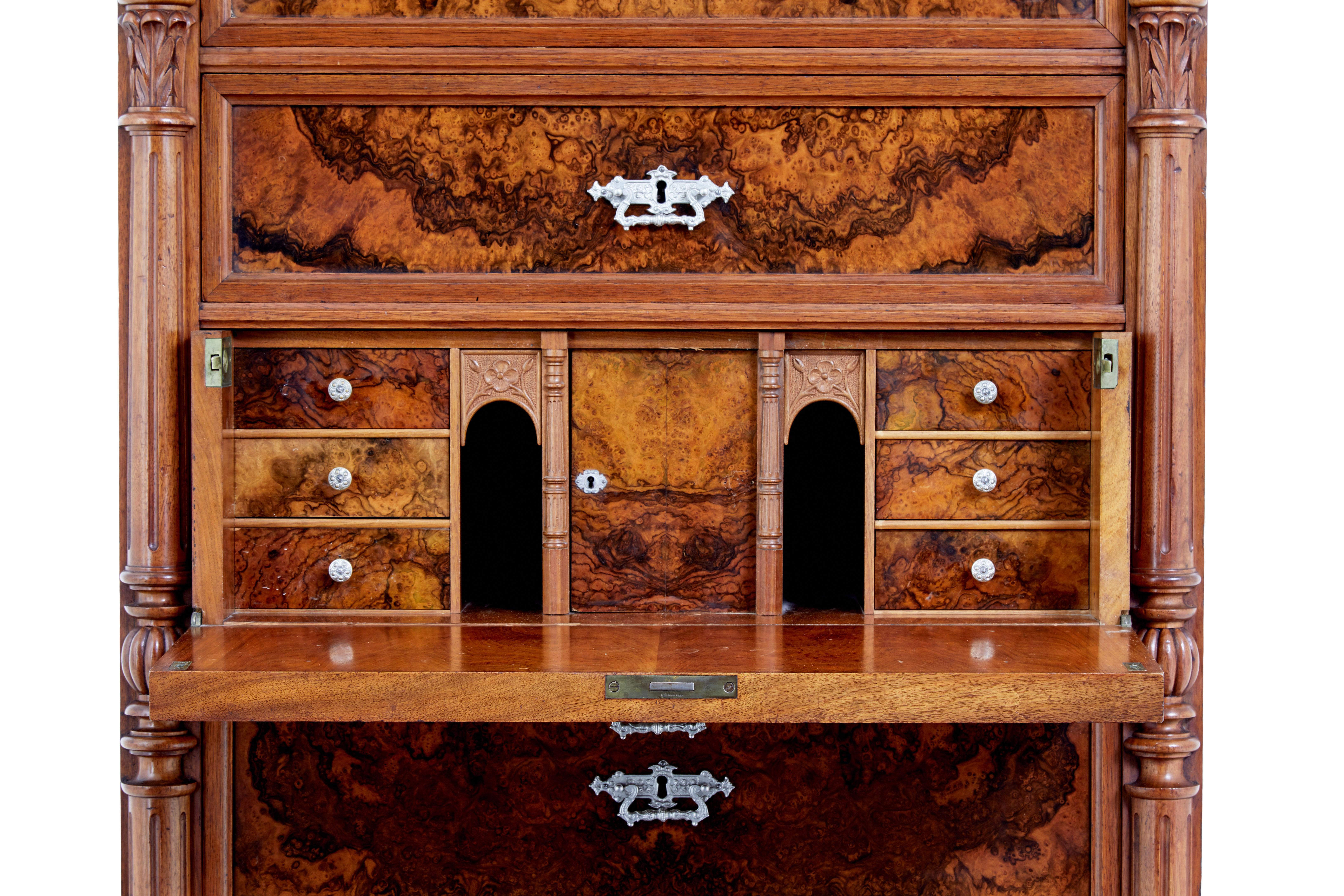 19th century burr walnut secretaire tall chest of drawers For Sale 1