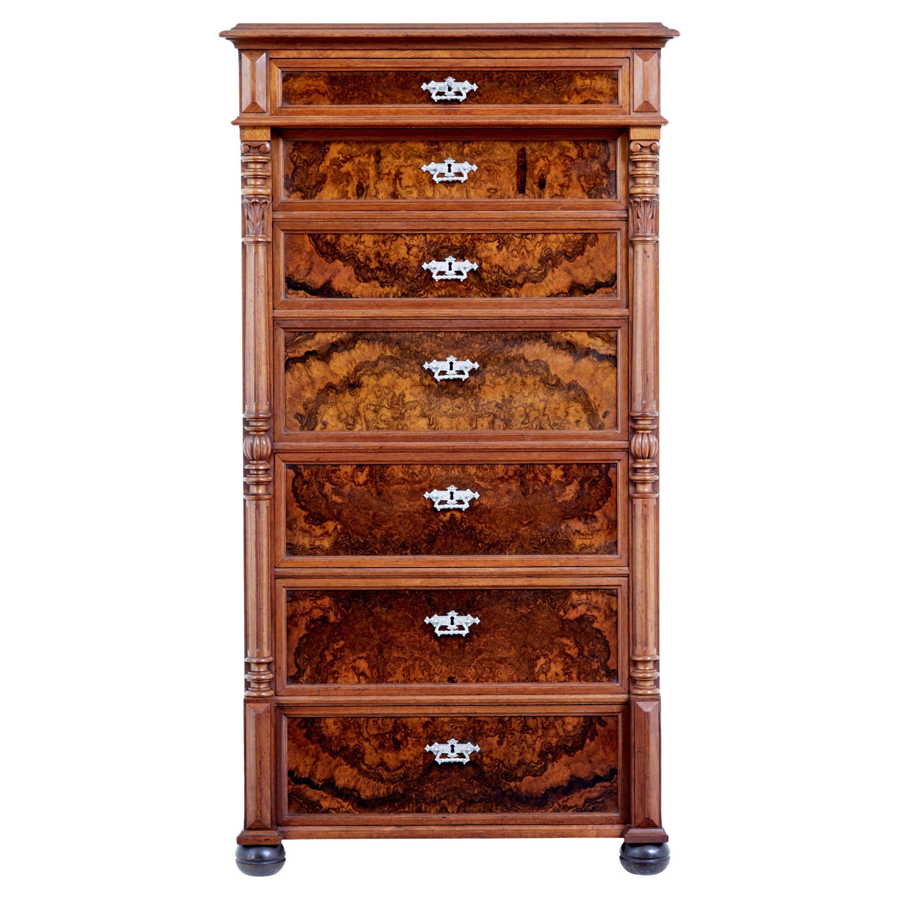 19th century burr walnut secretaire tall chest of drawers For Sale