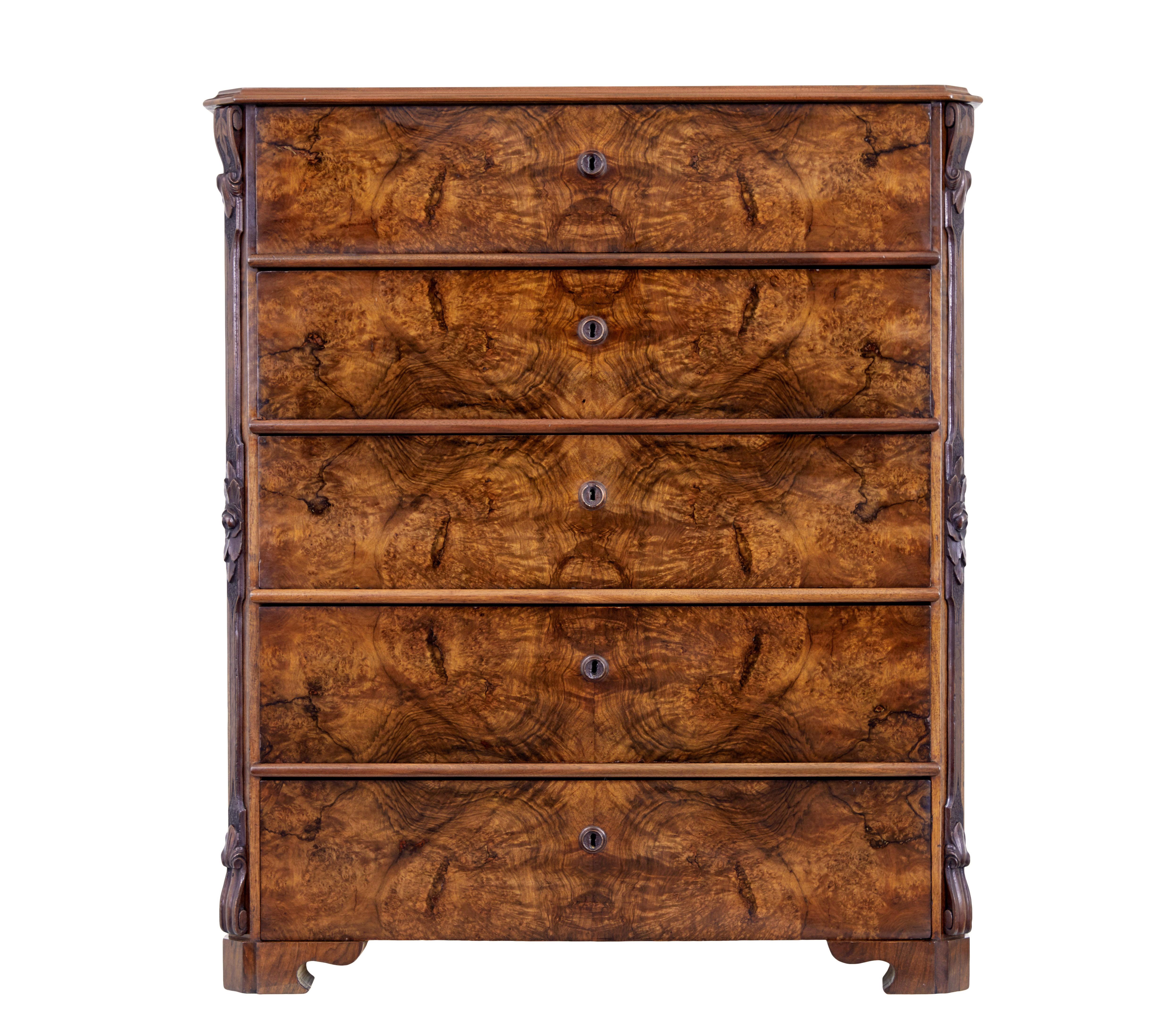 Carved 19th Century burr walnut tall chest of drawers For Sale