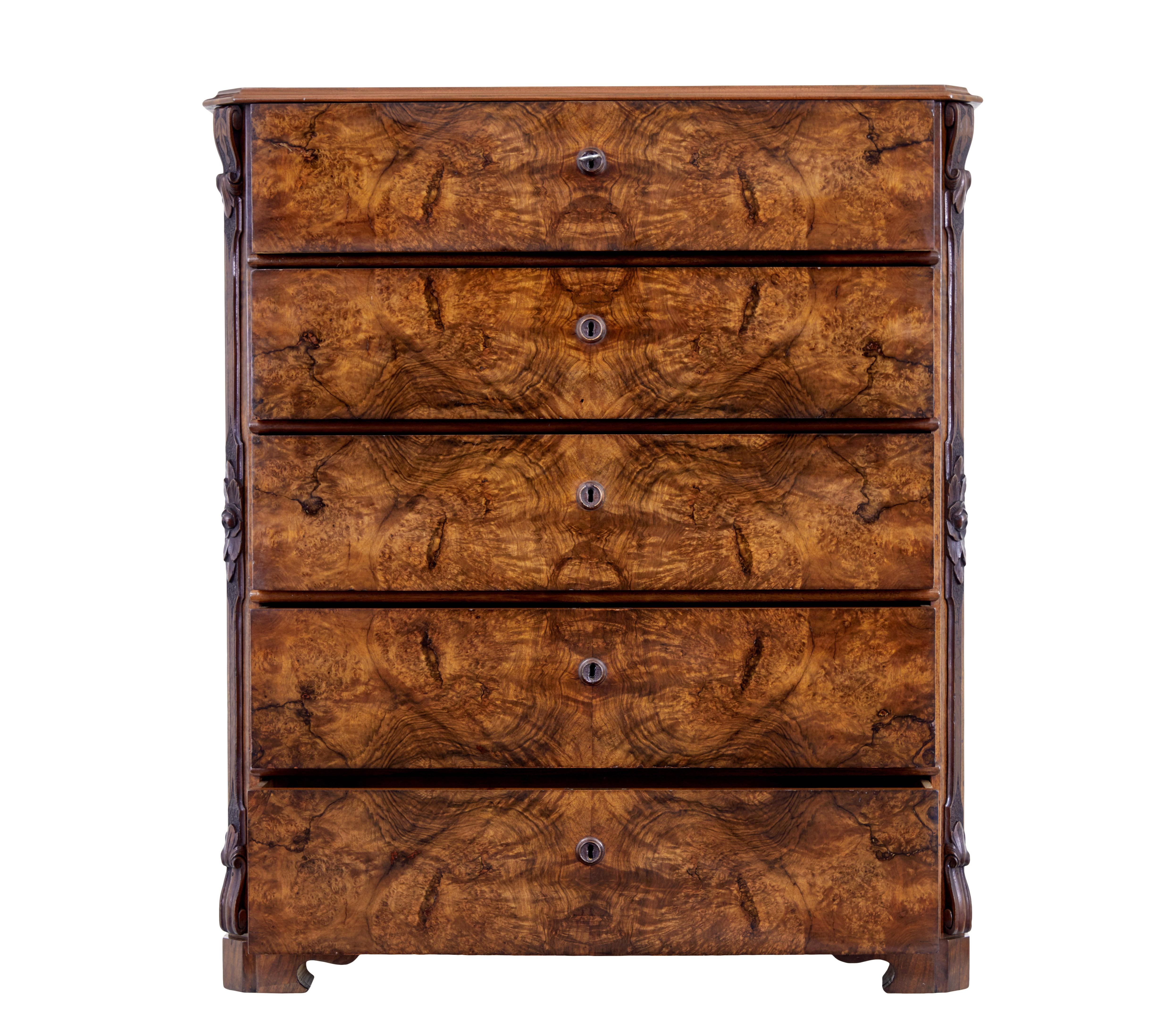19th Century burr walnut tall chest of drawers In Good Condition For Sale In Debenham, Suffolk