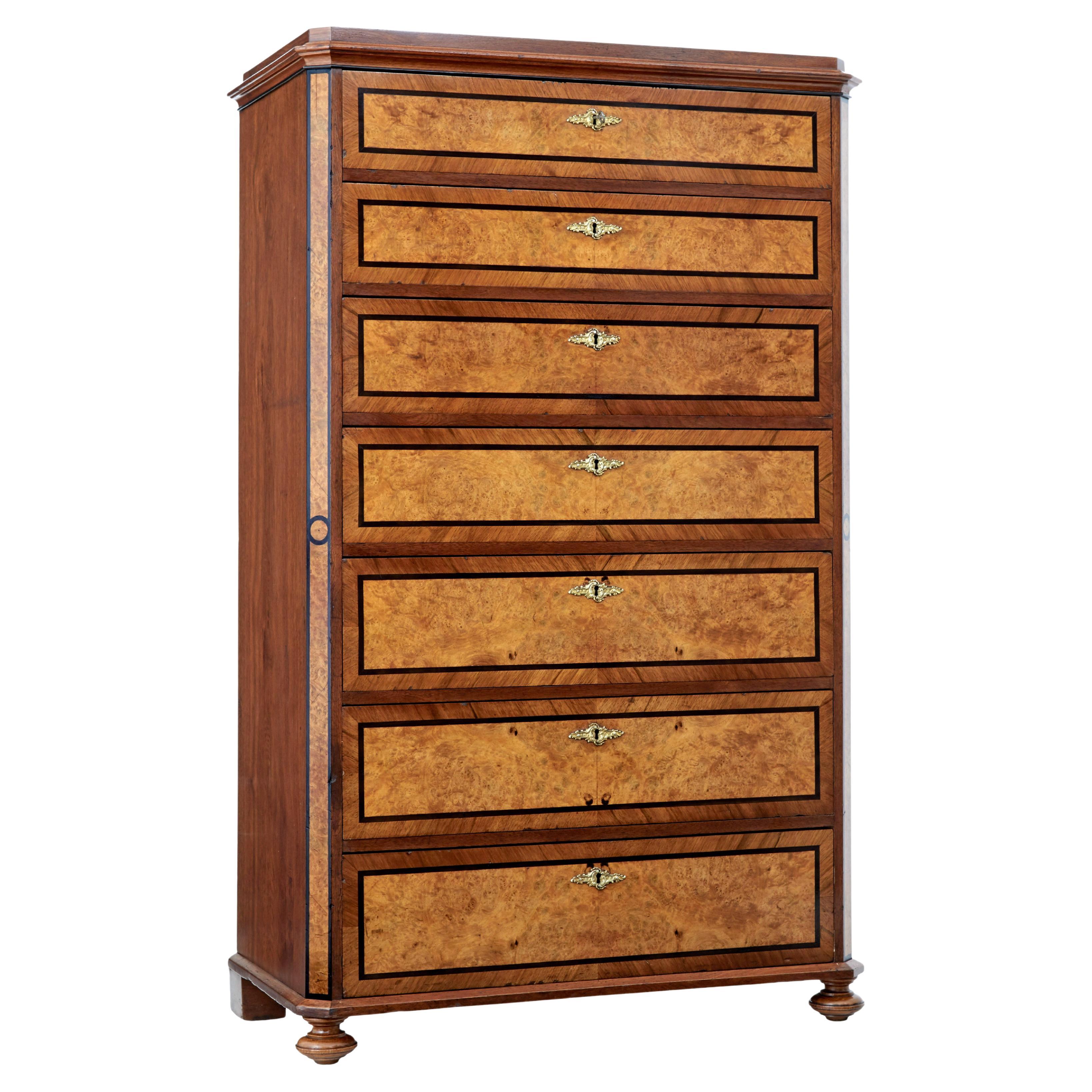 19th Century burr walnut tall chest of drawers For Sale