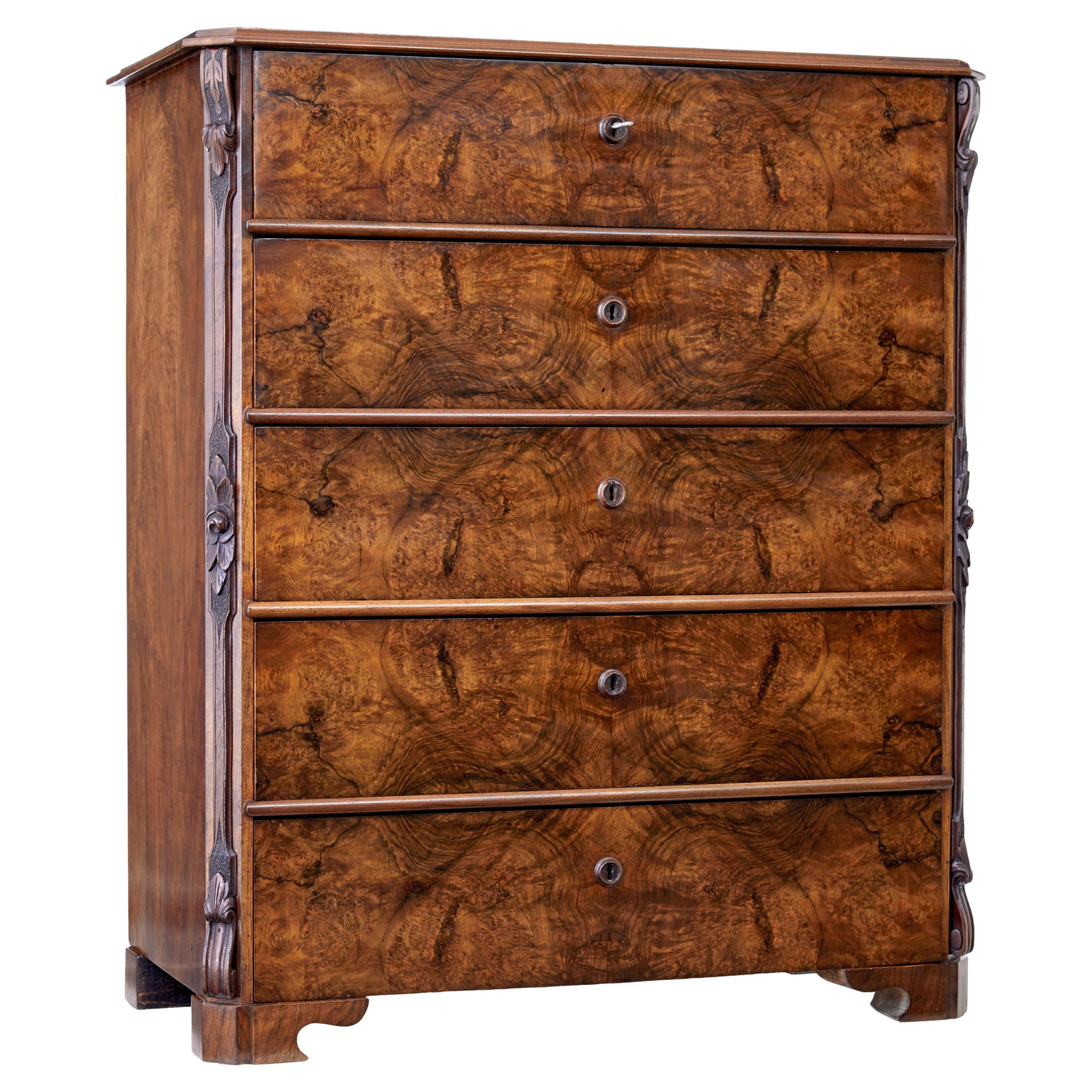 19th Century burr walnut tall chest of drawers For Sale