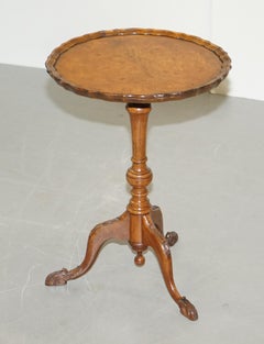 19th Century Burr Walnut Tripod Side Table Victorian Ornate Carving Pie Crust