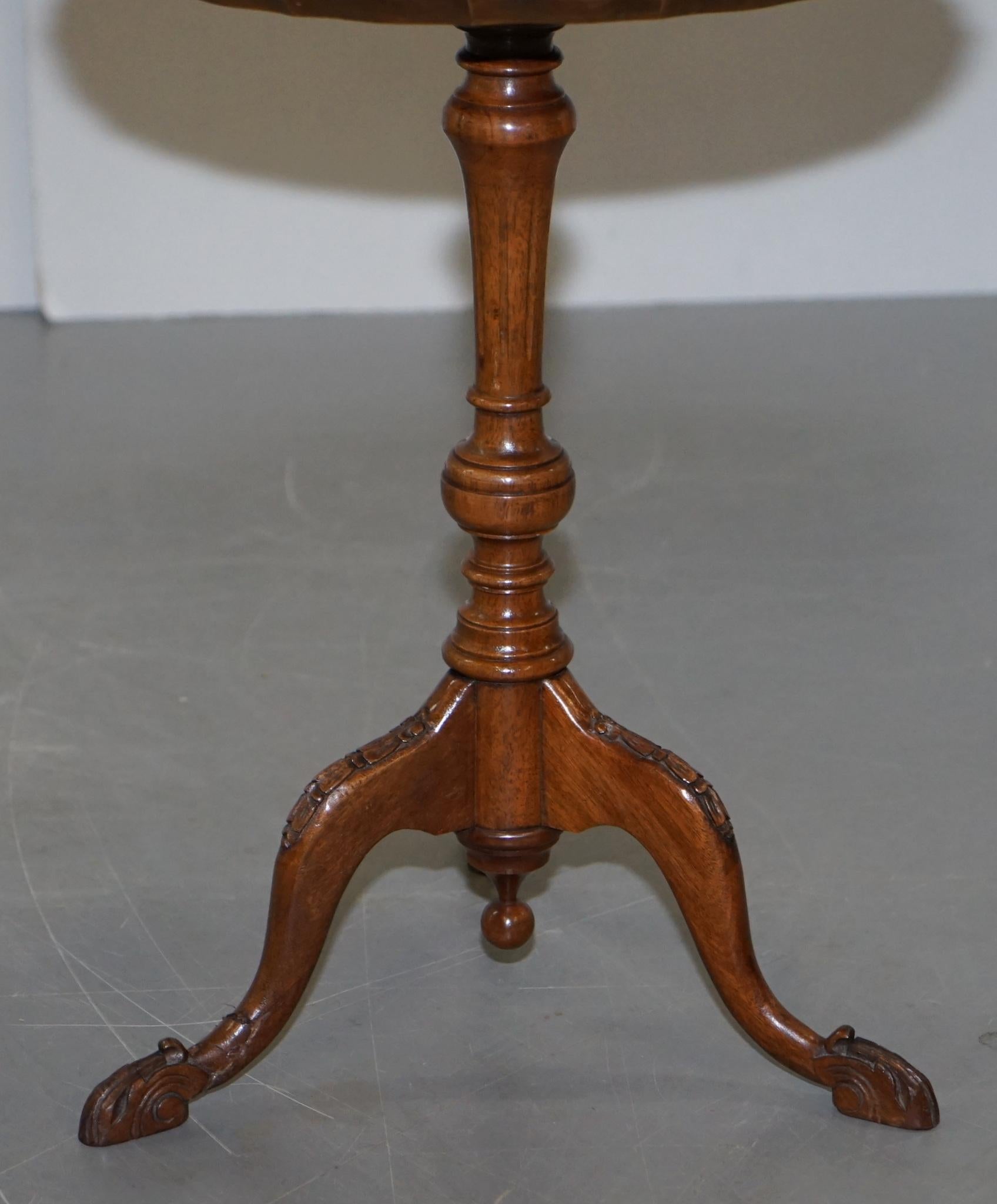 Hand-Crafted 19th Century Burr Walnut Tripod Side Table Victorian Ornate Carving Pie Crust For Sale