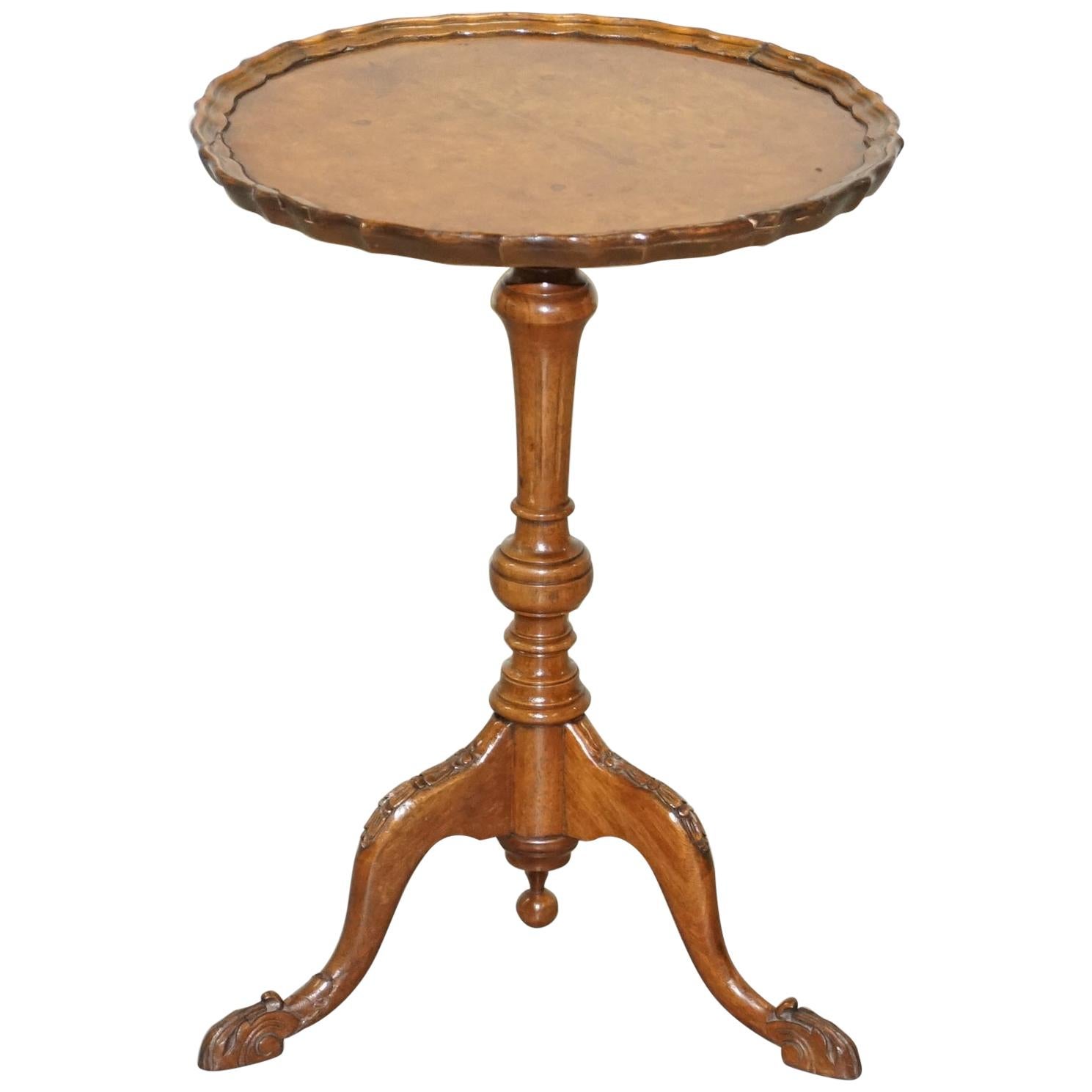 19th Century Burr Walnut Tripod Side Table Victorian Ornate Carving Pie Crust