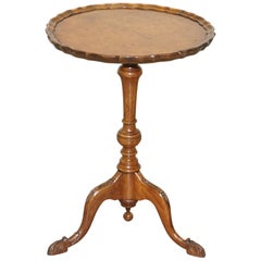 Antique 19th Century Burr Walnut Tripod Side Table Victorian Ornate Carving Pie Crust