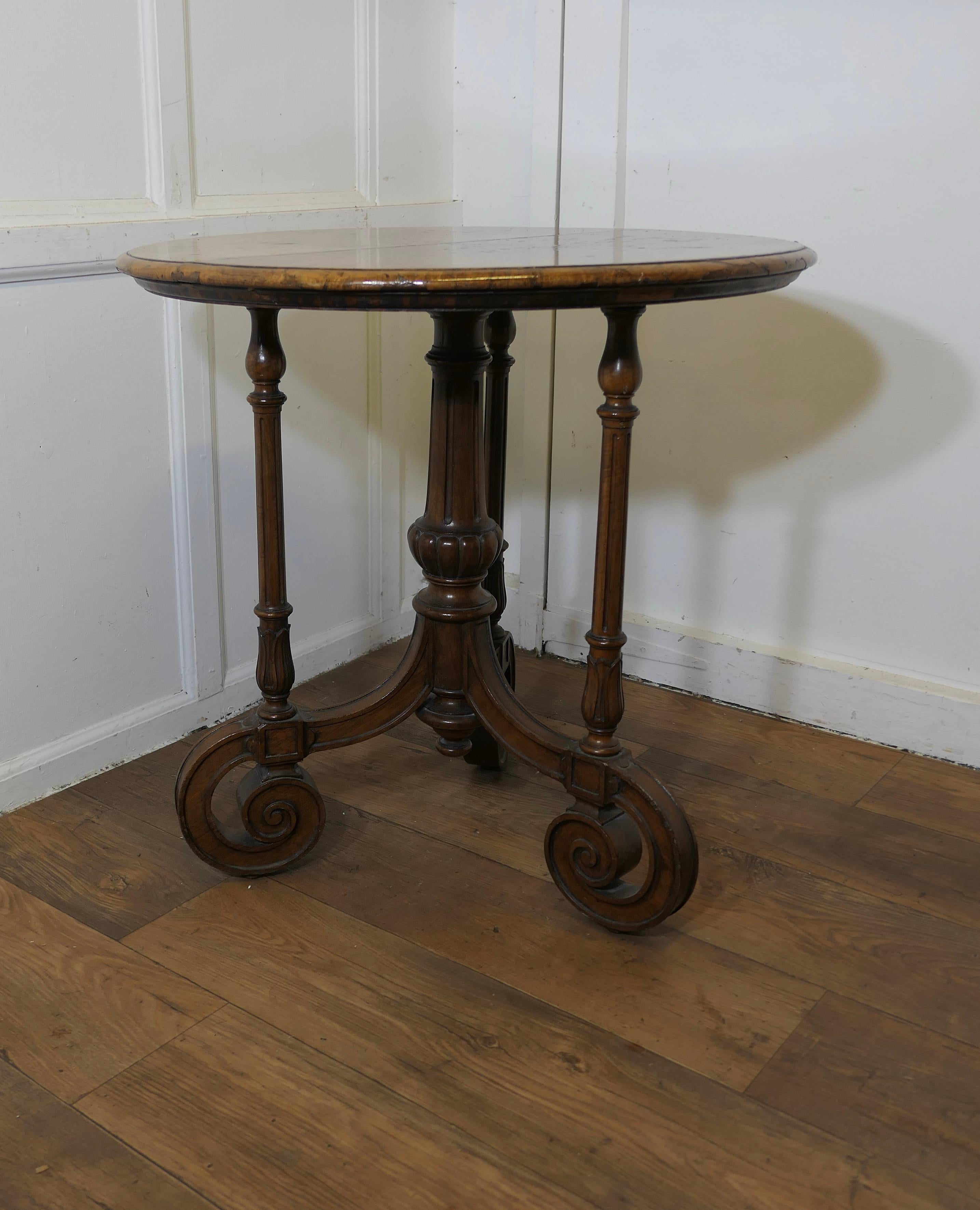 19th Century Burr Walnut Wine Table

This lovely table stands on an elaborate three scroll footed base and it has an attractive turned centre leg
The Burr Walnut top has a moulded edge
The table is in good condition there are some old repairs but it