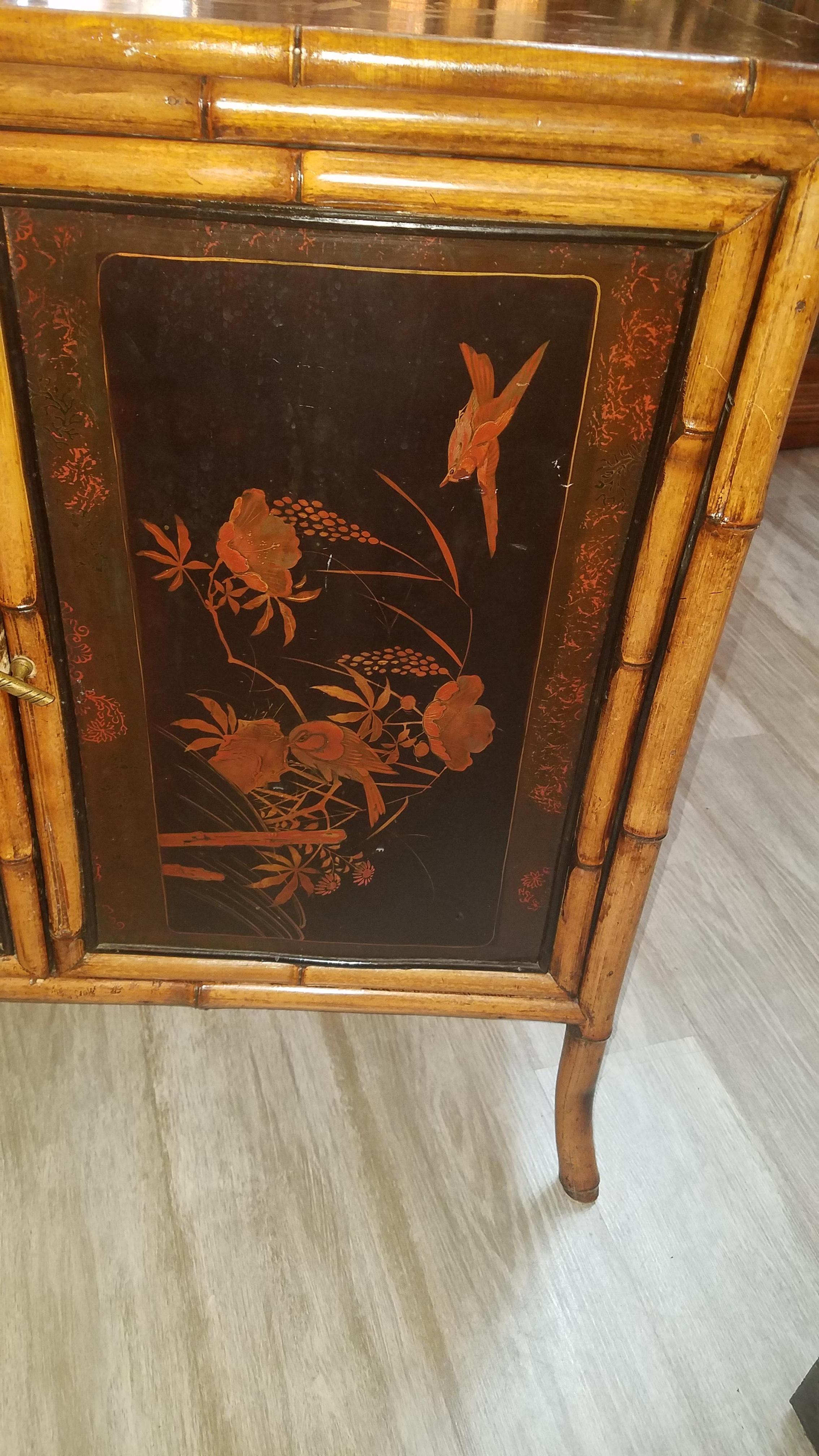 Aesthetic Movement 19th Century Burt Bamboo and Chinoiserie Lacquer Doored Cabinet